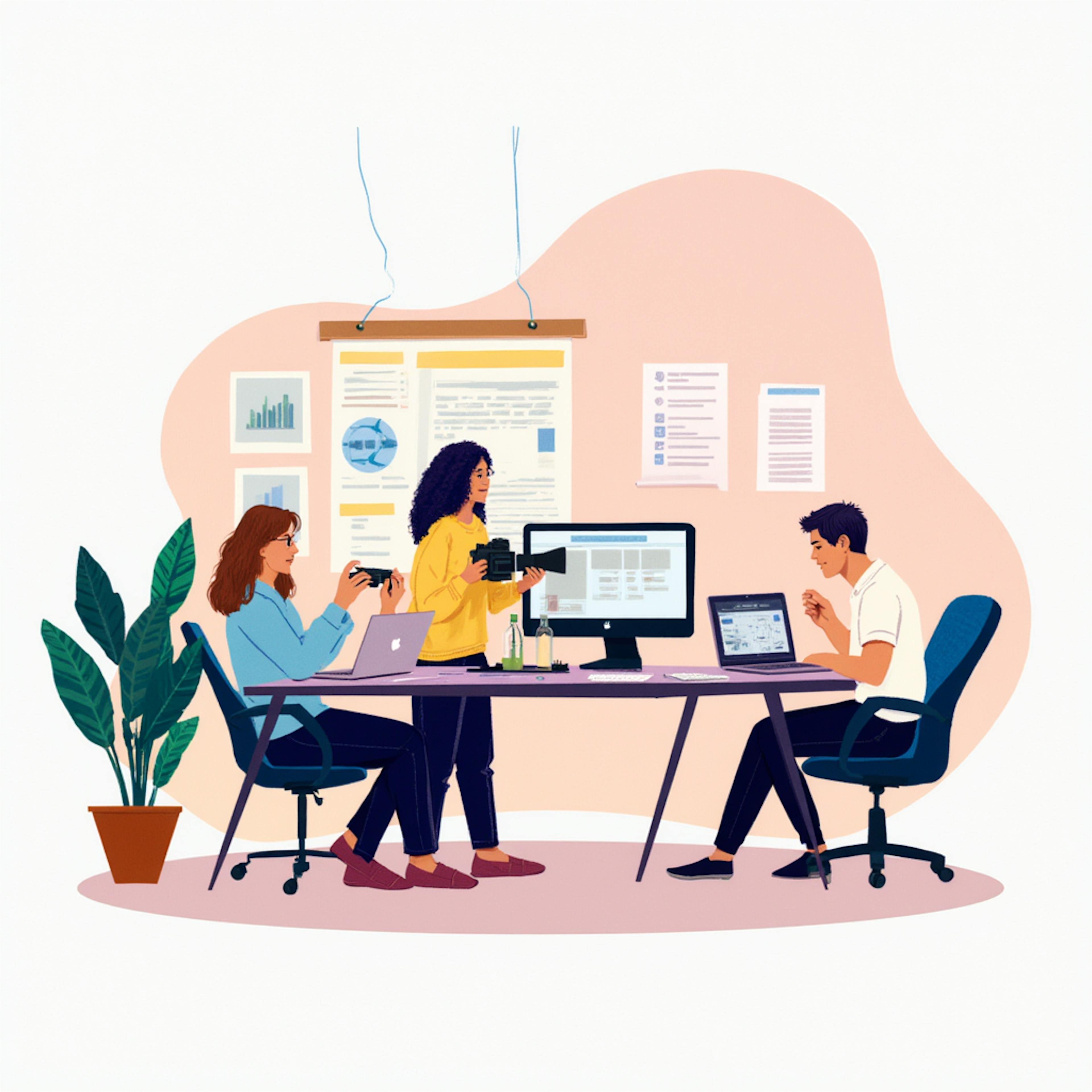 A creative team works collaboratively with laptops and cameras in a modern office, planning and executing digital content production services.