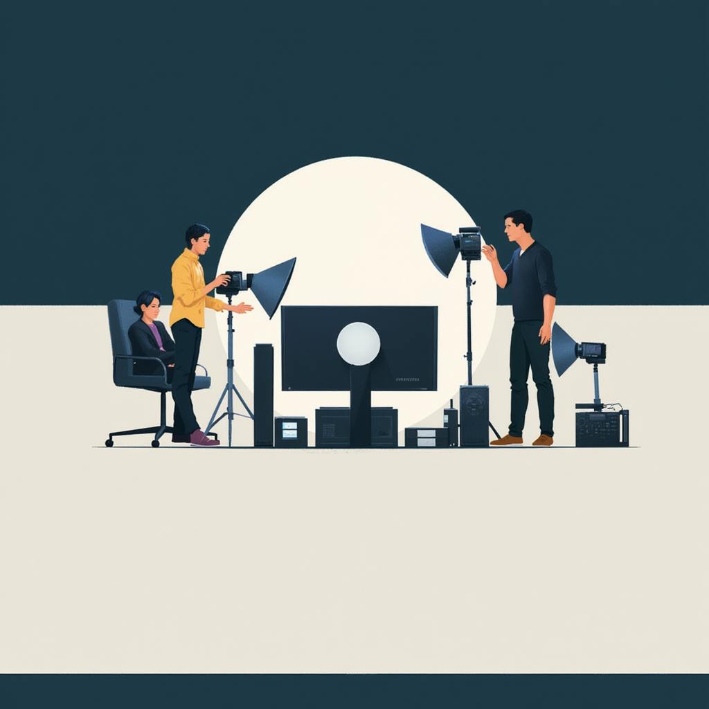 A small media crew sets up lighting and cameras in a studio environment, preparing for a shoot as part of comprehensive content production services.