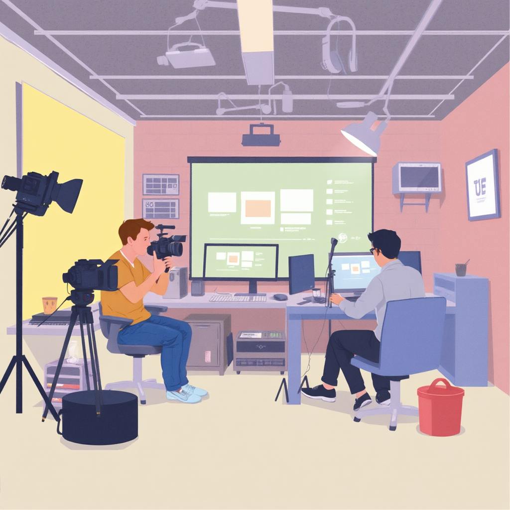 Two video professionals operate cameras and editing equipment in a studio setup, showcasing a behind-the-scenes look at content production services.