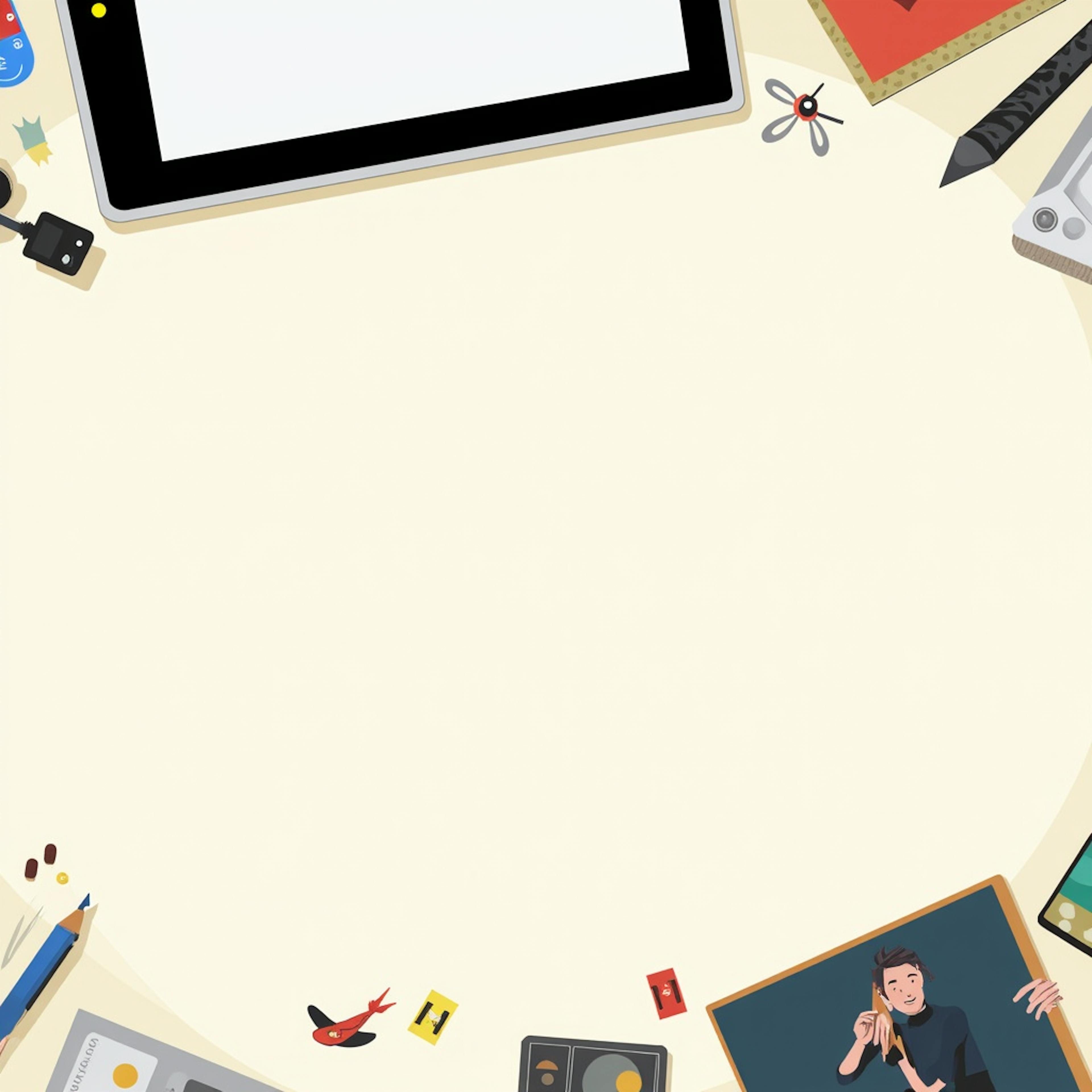 A top-down view of an artist’s desk with tools, sketches, and a blank tablet, creatively framed to highlight space for a concept artist portfolio showcase.