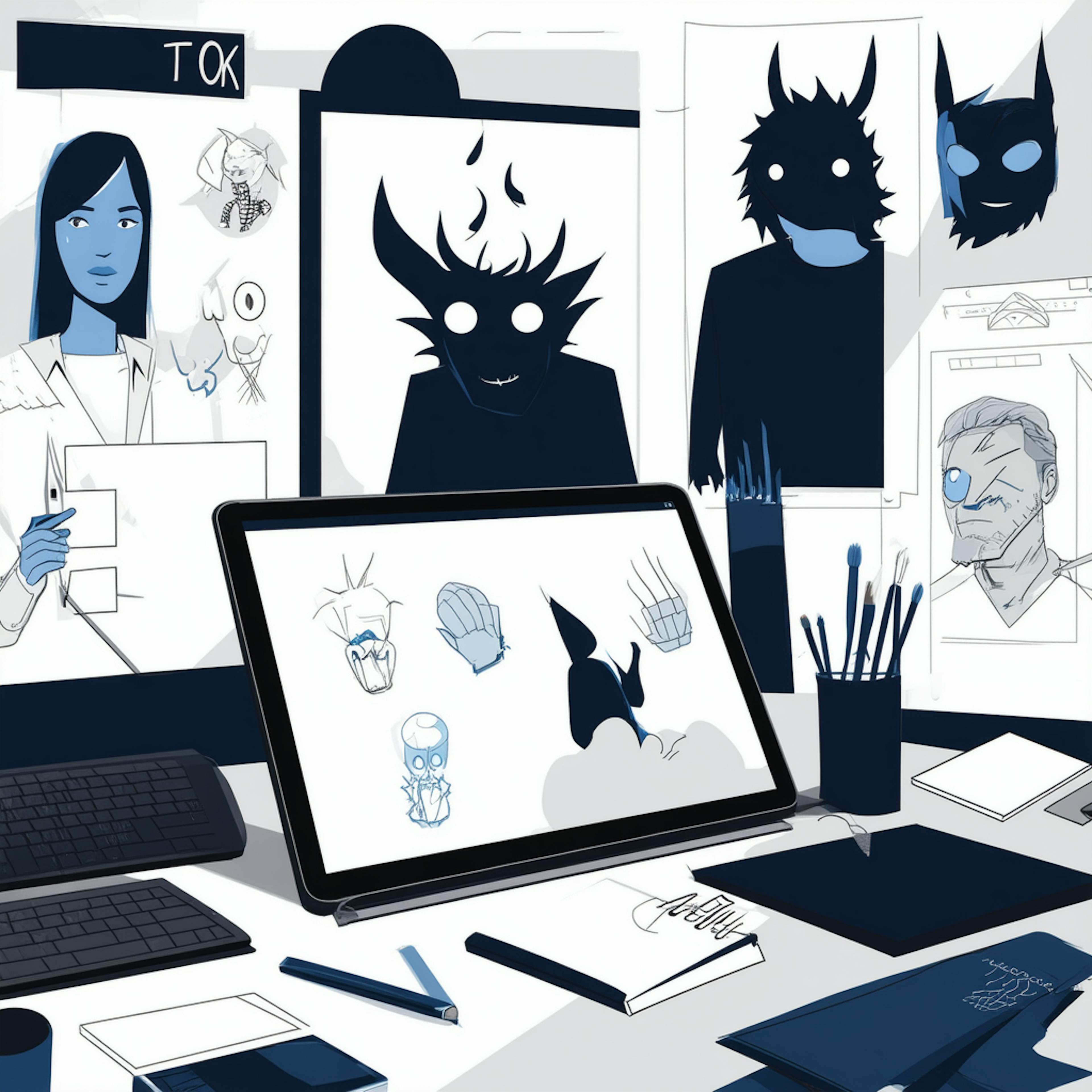 A digital art workstation with creature sketches, brushes, and monitors showcasing character designs, representing a professional concept artist portfolio.