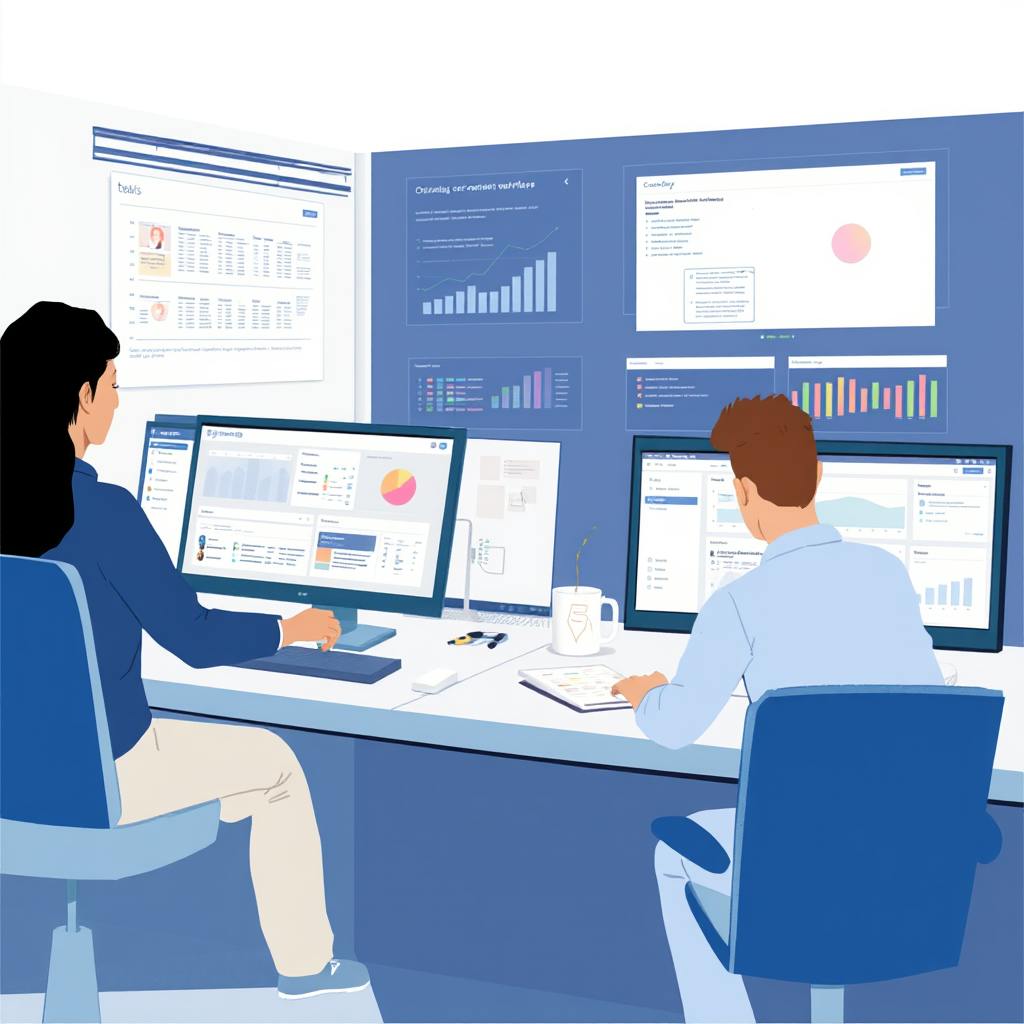 A marketing team manages data-driven strategies across multiple monitors, showcasing collaborative tools used in scalable content operations.