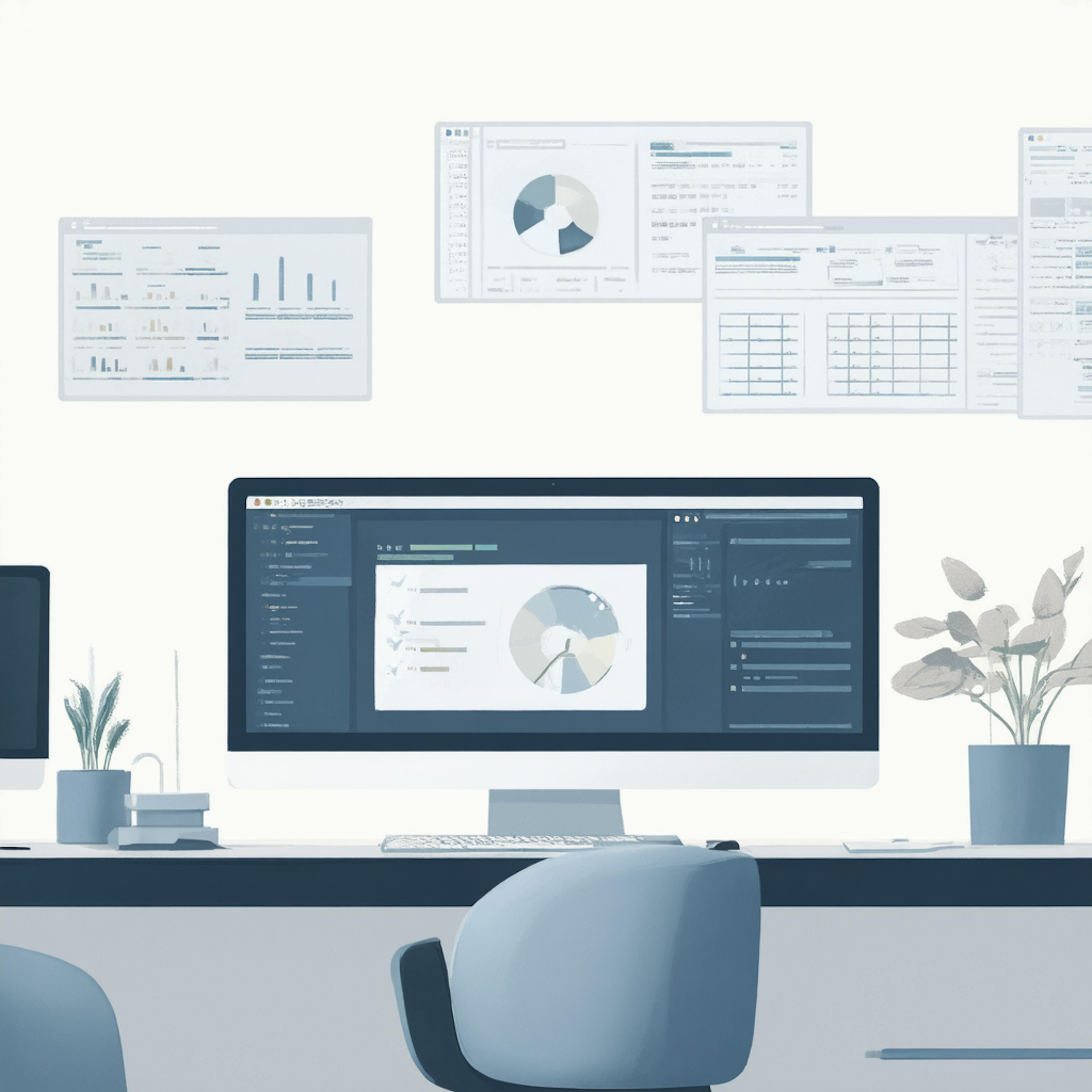 A digital workspace with several pie charts and analytic interfaces on screens, designed for streamlining content operations in a structured workflow.