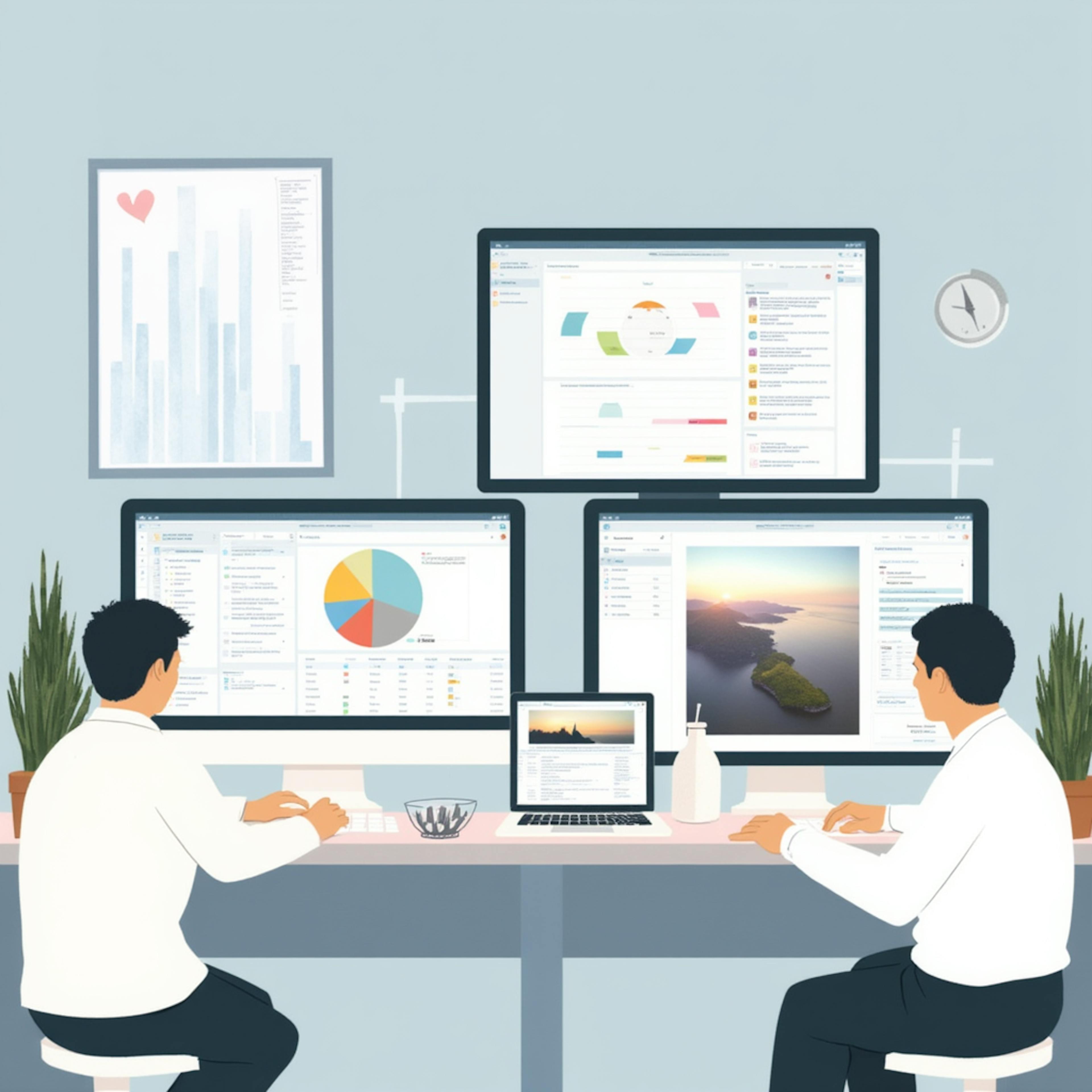 Two team members working with multiple dashboards on large monitors to track campaign performance, highlighting effective content operations in action.