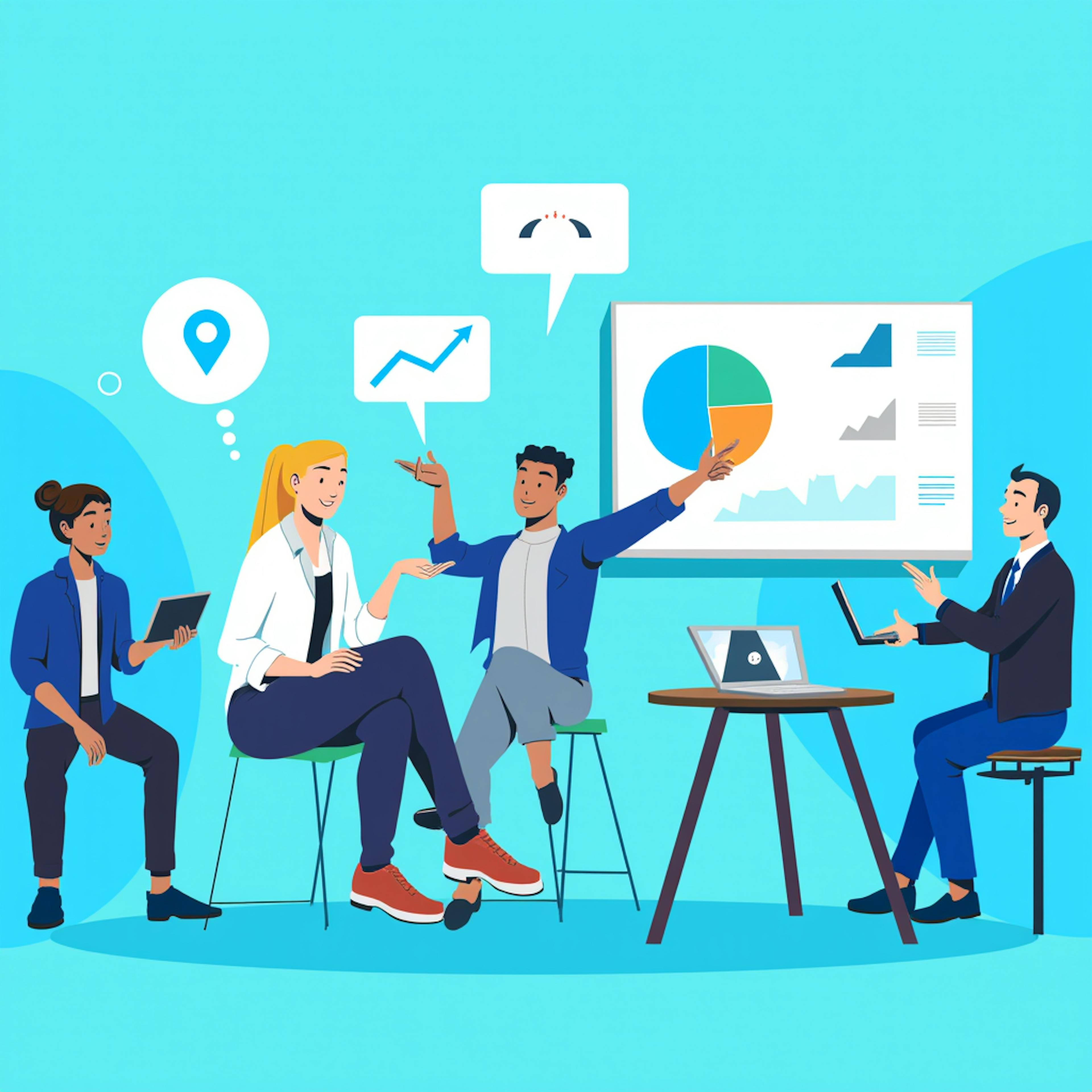A dynamic team engages in a collaborative discussion with charts and symbols on a screen, demonstrating modern communication strategies in business.