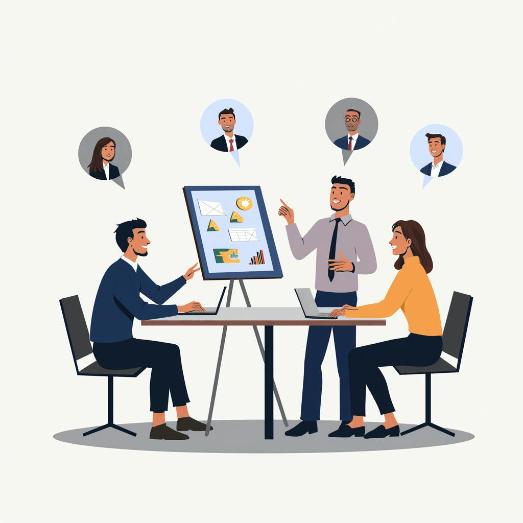 A team presents project visuals during a meeting, using interactive dialogue and virtual inputs to illustrate communication strategies in business.