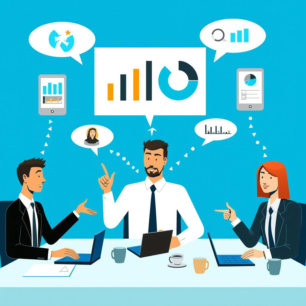 Three professionals in a business meeting using laptops and visual icons to exchange ideas, representing effective communication strategies in business.