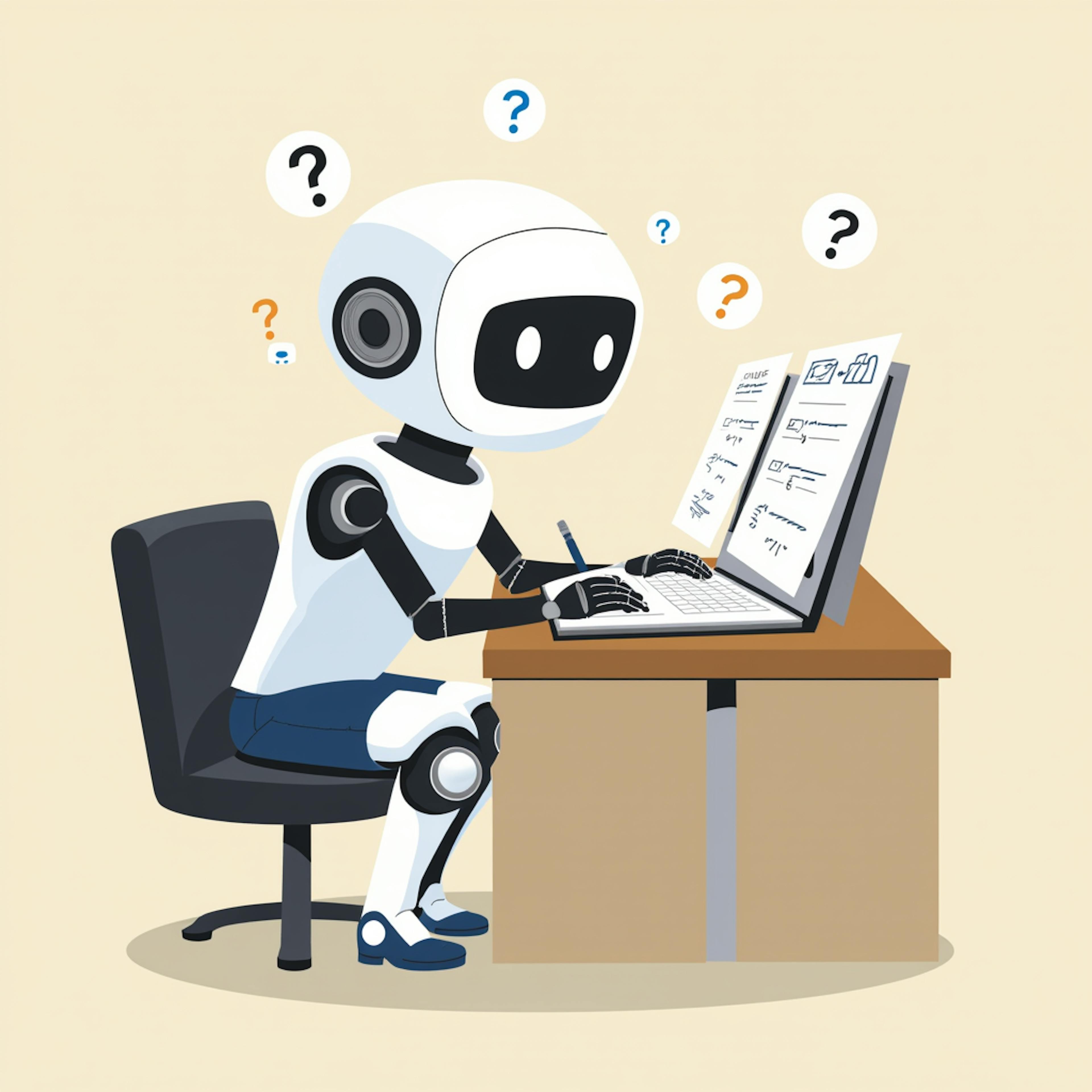A confused robot sits at a desk surrounded by question marks, typing on a laptop with visible errors, symbolizing common mistakes in AI writing.