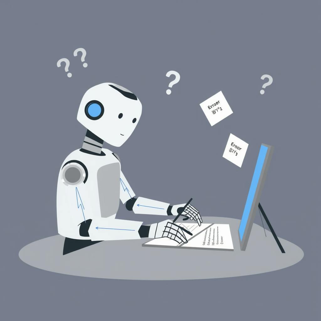 A robot encounters error messages on a computer screen while writing, visually depicting technical flaws and common mistakes in AI writing tasks.