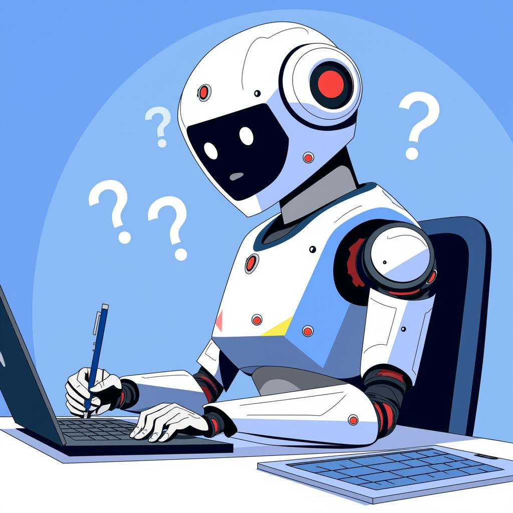 A robotic figure hesitates while writing on a laptop, surrounded by question marks, highlighting uncertainty and common mistakes in AI writing processes.