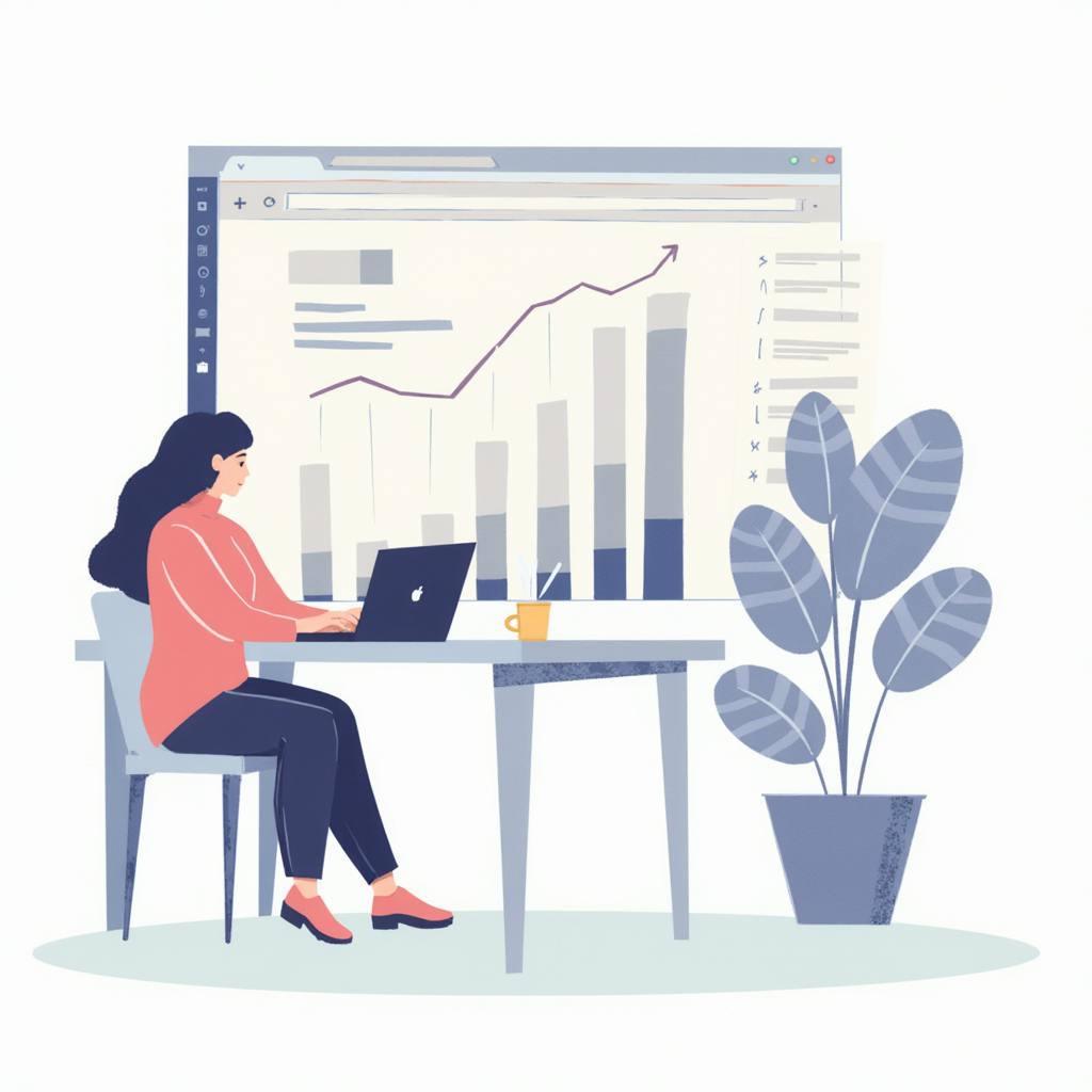 A woman working on a laptop in front of an upward-trending chart, illustrating the positive results businesses see when they buy organic search traffic.