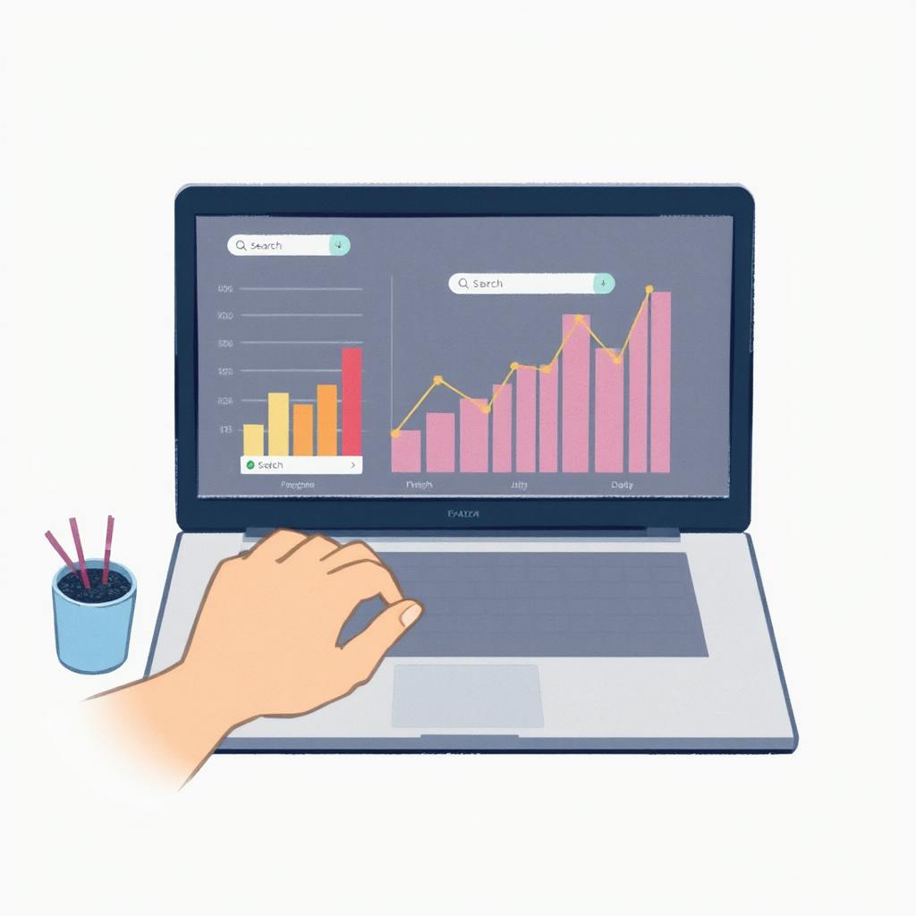 A hand on a laptop keyboard viewing colorful bar and line charts, symbolizing the impact of strategies used to buy organic search traffic for SEO growth.