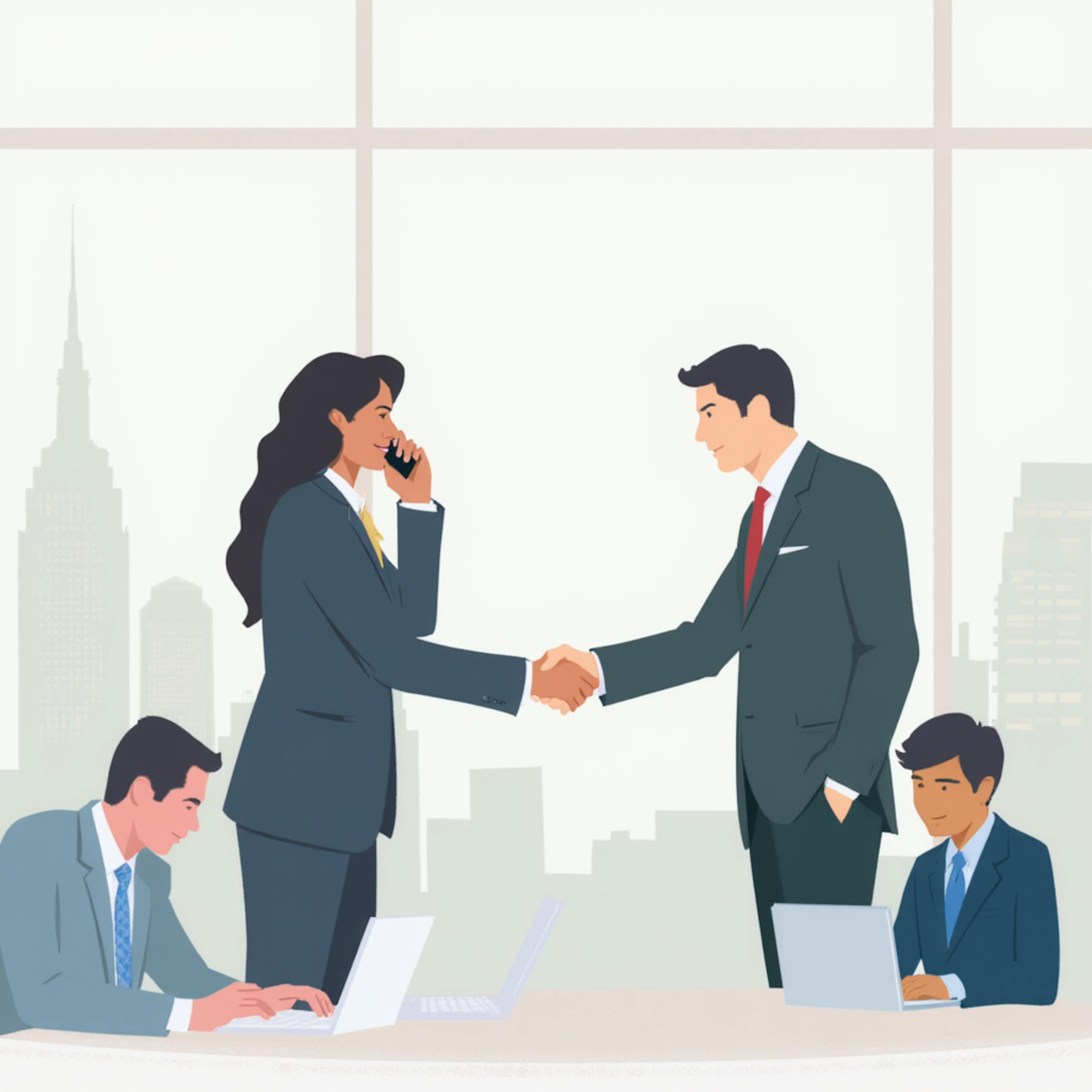 Illustration of professionals in a modern office setting—one woman talking on the phone while shaking hands with a man, and two colleagues working on laptops—representing a dynamic environment of business and communication in action.