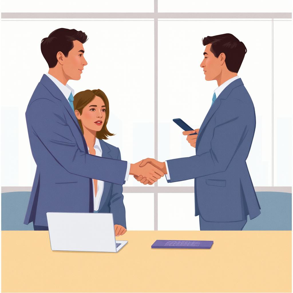 Three professionals in suits meet in a boardroom, with two men shaking hands while a woman observes, highlighting a formal moment of trust and connection driven by effective business and communication.