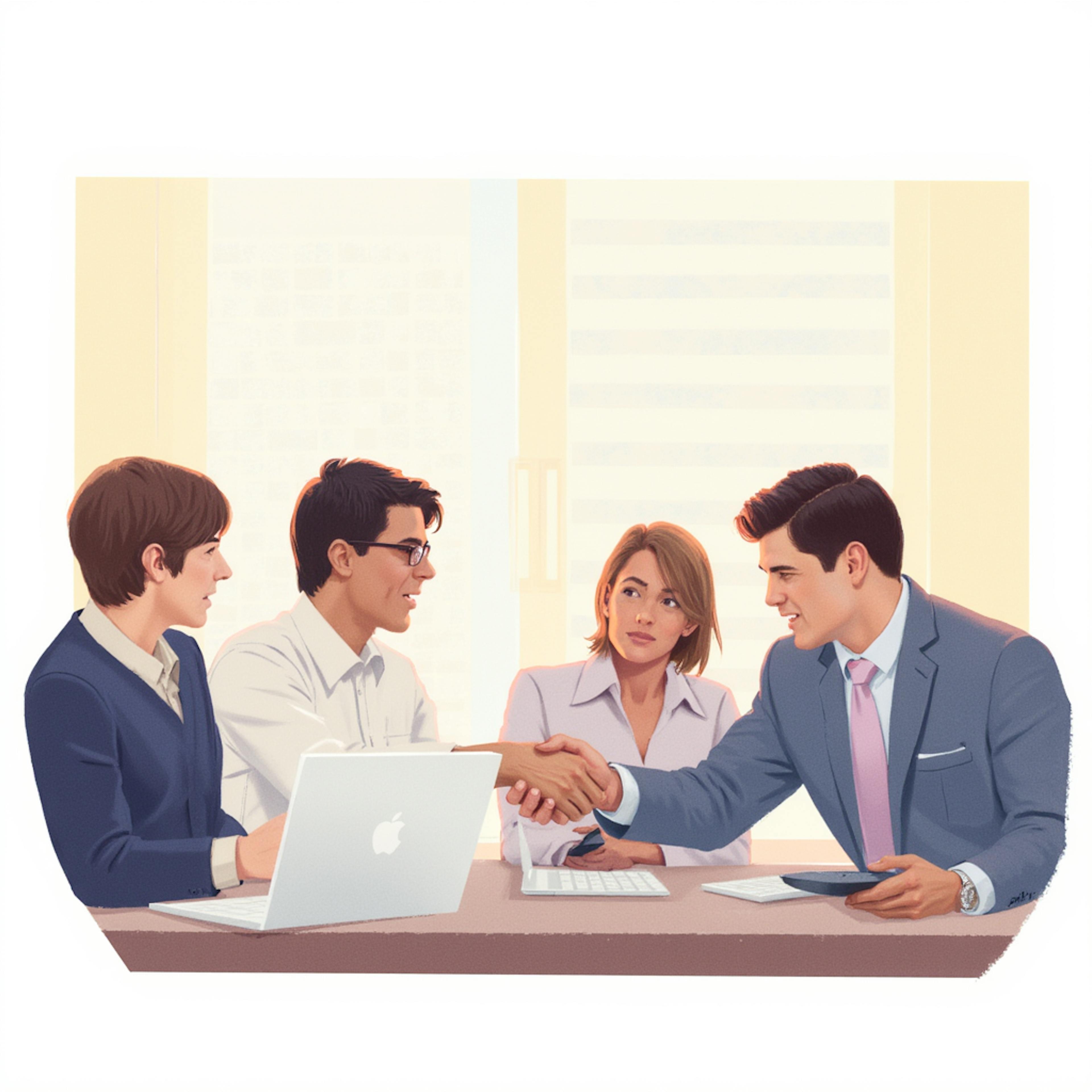 Four businesspeople sit around a conference table in a high-rise office, with two men shaking hands in agreement, symbolizing successful business and communication practices during a collaborative decision-making session.
