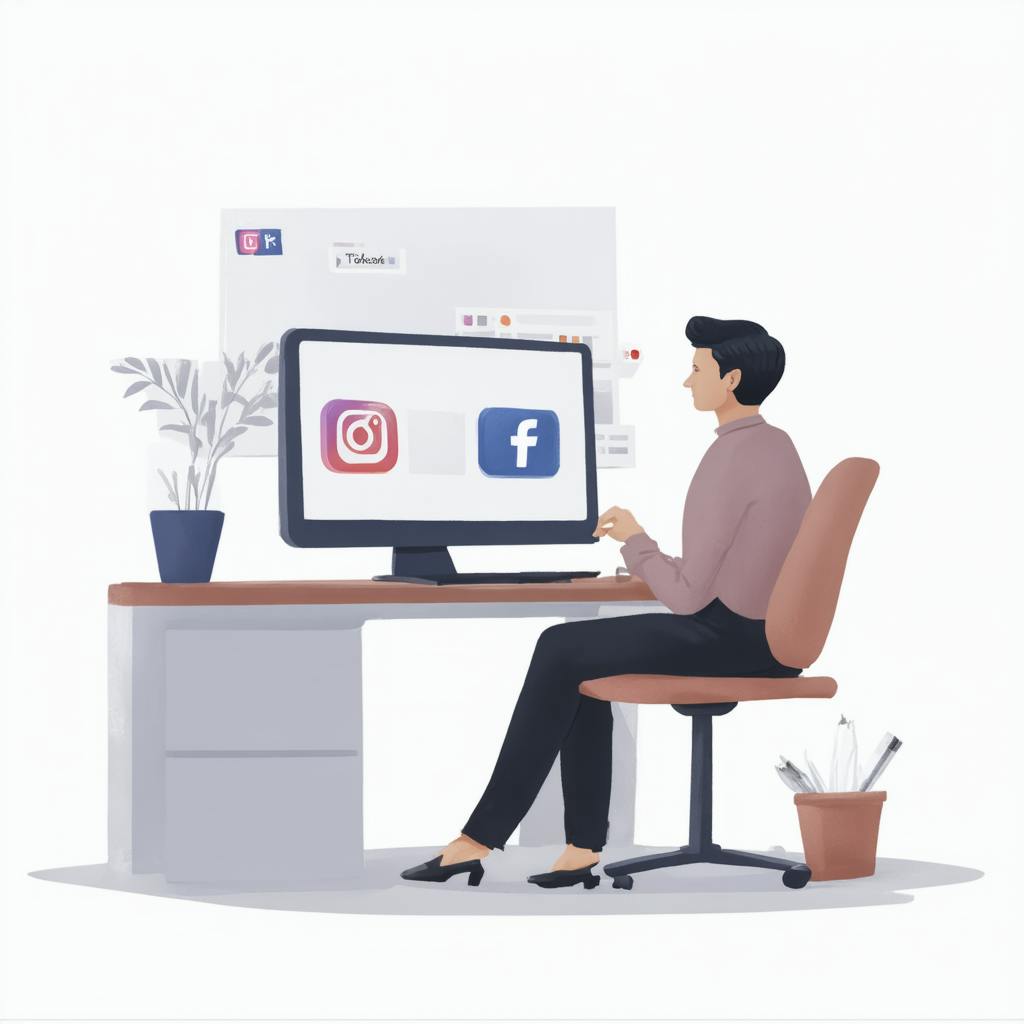 A professional man seated at a modern desk with a computer screen showing Instagram and Facebook logos, likely comparing platforms. The visual highlights decision-making around selecting the best social media to advertise on for maximum marketing impact.
