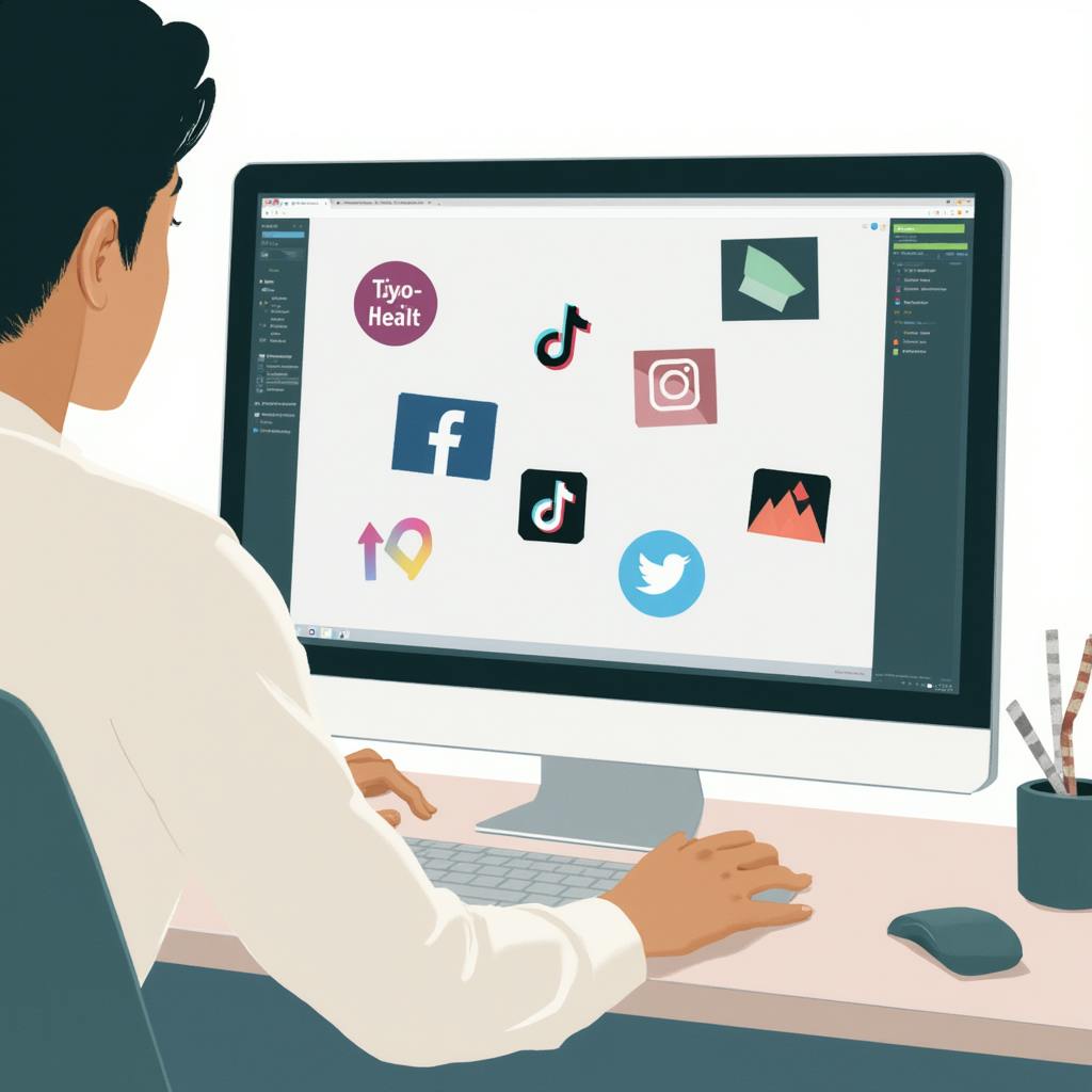 A man in a white shirt at a desk viewing a screen displaying a mix of popular social media logos such as TikTok, Instagram, Twitter, Facebook, and others. The setup reflects research or campaign planning to determine the best social media to advertise on for reaching target audiences.