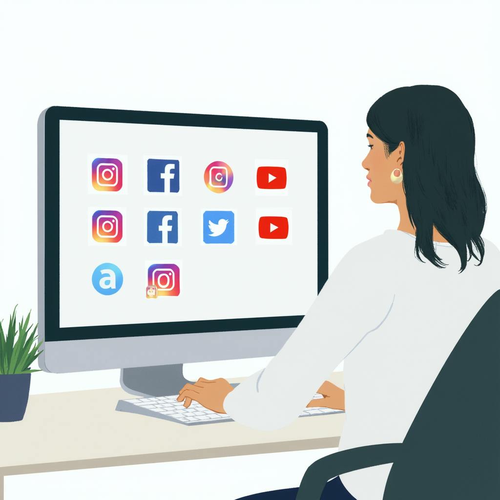 A woman sitting at a desk looking at a computer monitor filled with icons for social media platforms like Instagram, Facebook, Twitter, YouTube, and Amazon. This scene represents digital marketers analyzing the best social media to advertise on for brand visibility and engagement.