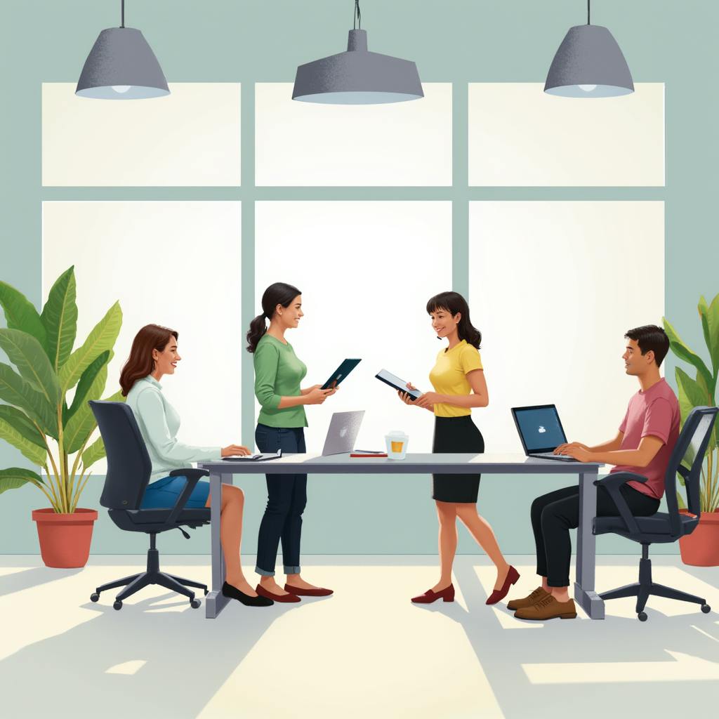A group of four professionals engage in a collaborative meeting in a bright, modern office space filled with natural light and indoor plants. The image reflects the benefits of workplace design in promoting teamwork, comfort, and productivity.