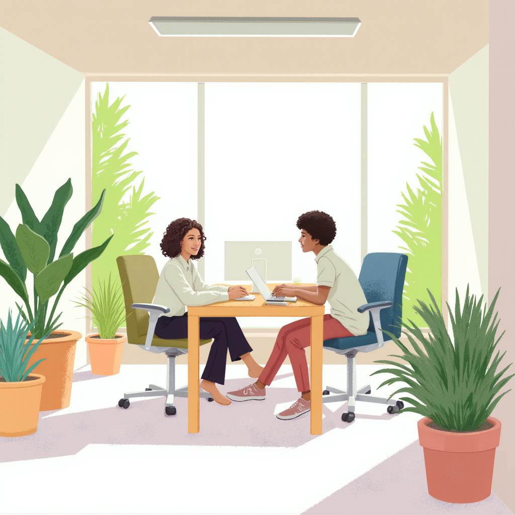 A man and woman sit across from each other at a small desk in a cozy, greenery-rich office corner. The scene highlights the benefits of workplace design, showcasing how thoughtful layout and natural surroundings foster calm, productive conversations.
