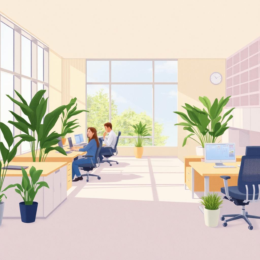 Two office workers are seated at spacious desks in a sunlit, plant-filled workspace with large windows. This setup illustrates the benefits of workplace design, emphasizing natural light and biophilic elements to enhance employee well-being and focus.