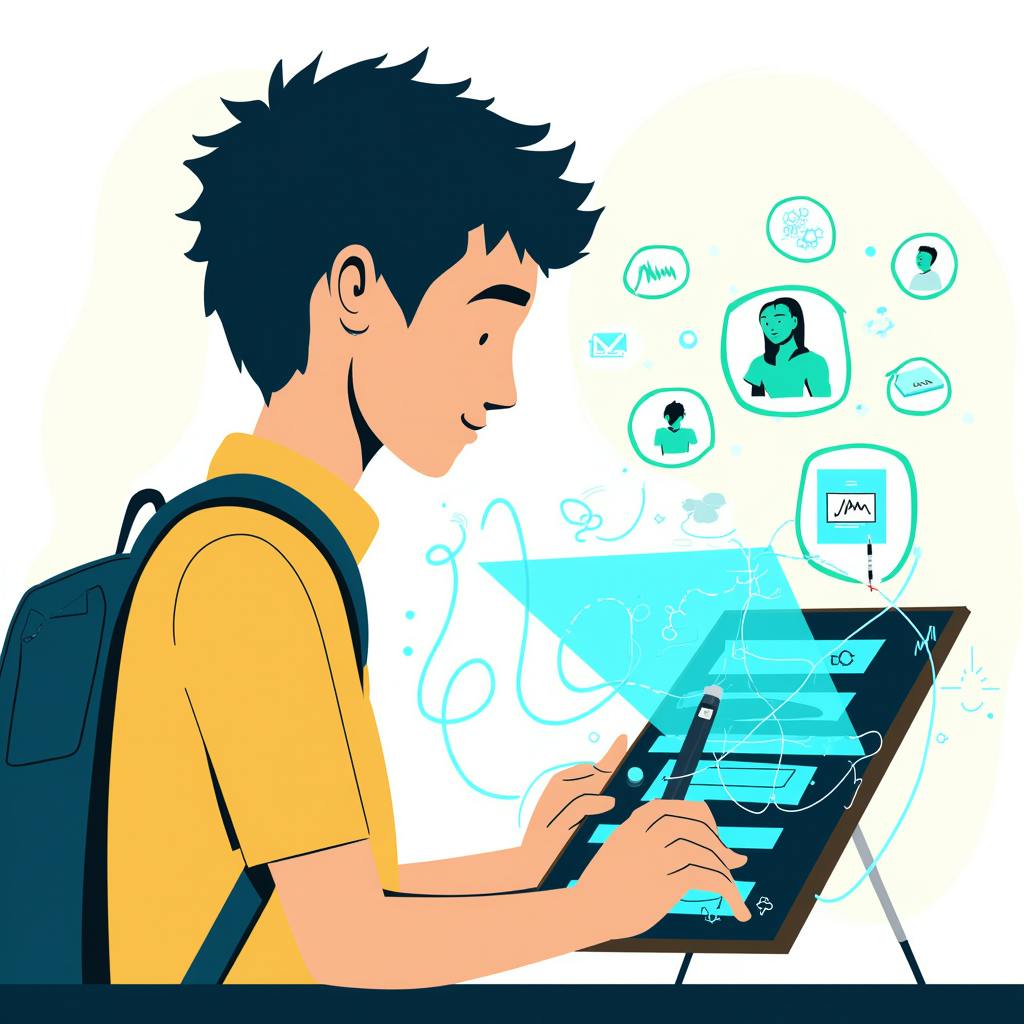 A student interacts with a futuristic digital tablet, surrounded by icons representing communication, analytics, and virtual learning. This highlights the benefits of using AI in education, such as personalized learning, interactive tools, and real-time support.