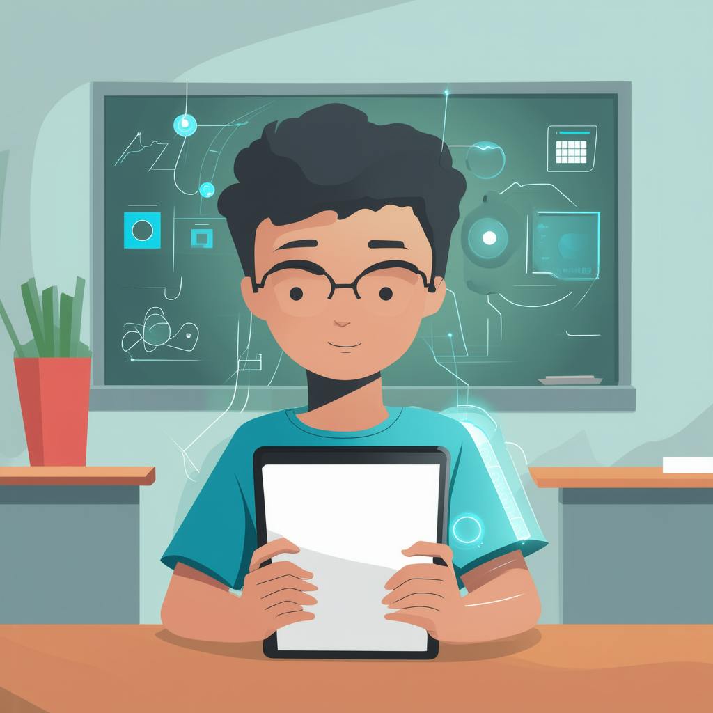 A smiling student holds a tablet, surrounded by glowing data charts and AI-driven interfaces. The visual showcases the benefits of using AI in education, emphasizing adaptive feedback, data-driven insights, and enhanced engagement.