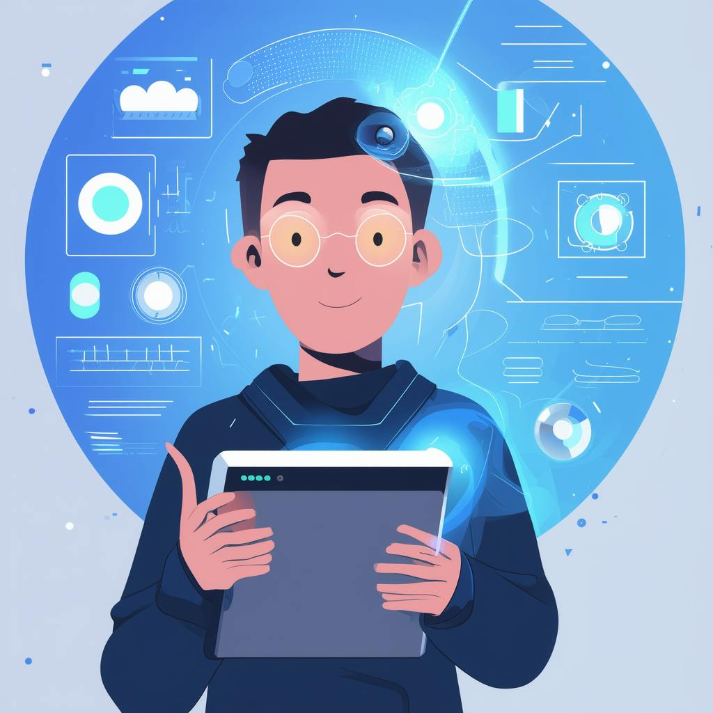 A smiling student holds a tablet, surrounded by glowing data charts and AI-driven interfaces. The visual showcases the benefits of using AI in education, emphasizing adaptive feedback, data-driven insights, and enhanced engagement.