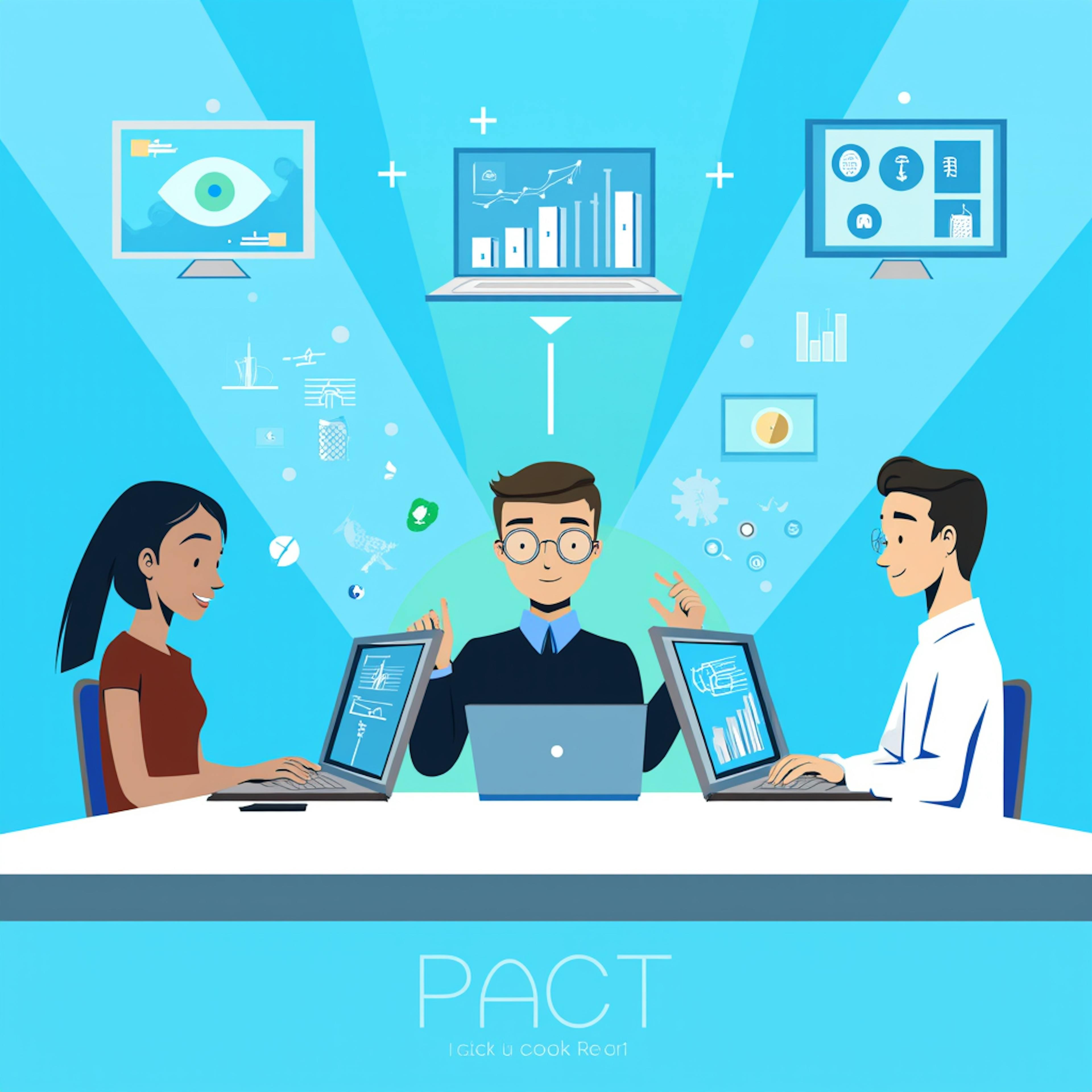 A team of animated professionals collaborate with laptops displaying analytics, while futuristic graphs and icons float above—depicting the analytical and organizational benefits of AI in the workplace.