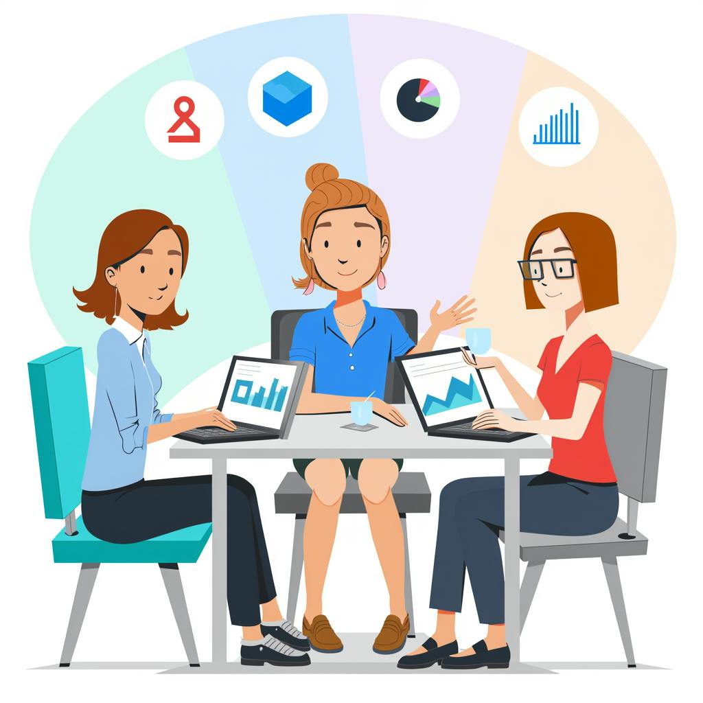 Three animated women sit at a table analyzing data on laptops, visually representing collaboration and the benefits of AI in the workplace through data-driven insights.