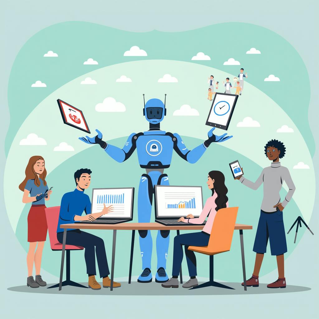 A robot stands at the center of a workplace scene, assisting diverse team members with digital tasks, illustrating the benefits of AI in the workplace like automation and enhanced productivity.