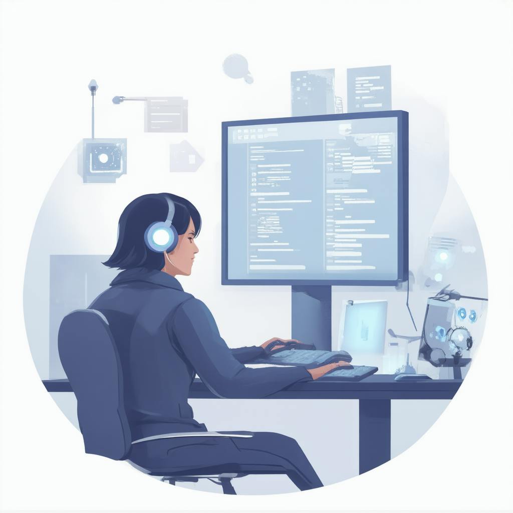 A focused woman wearing headphones works at a high-tech desk surrounded by screens displaying code and digital interfaces. The futuristic setting emphasizes the benefits of AI in software testing, highlighting AI-assisted diagnostics, automation, and real-time feedback in development workflows.
