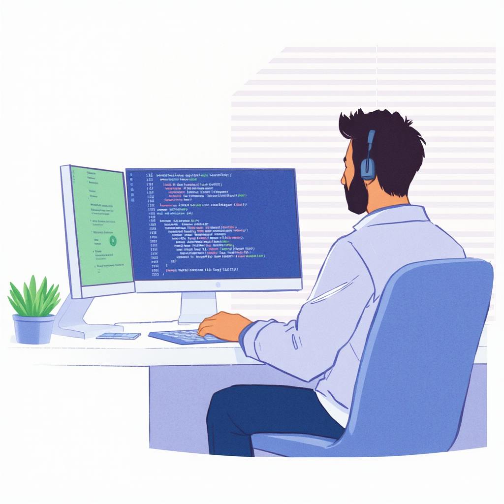 A bearded software developer with headphones sits at a modern workstation with dual monitors, intently writing and reviewing code. This setup illustrates the benefits of AI in software testing by showing how AI tools integrate into development environments to enhance accuracy and productivity.