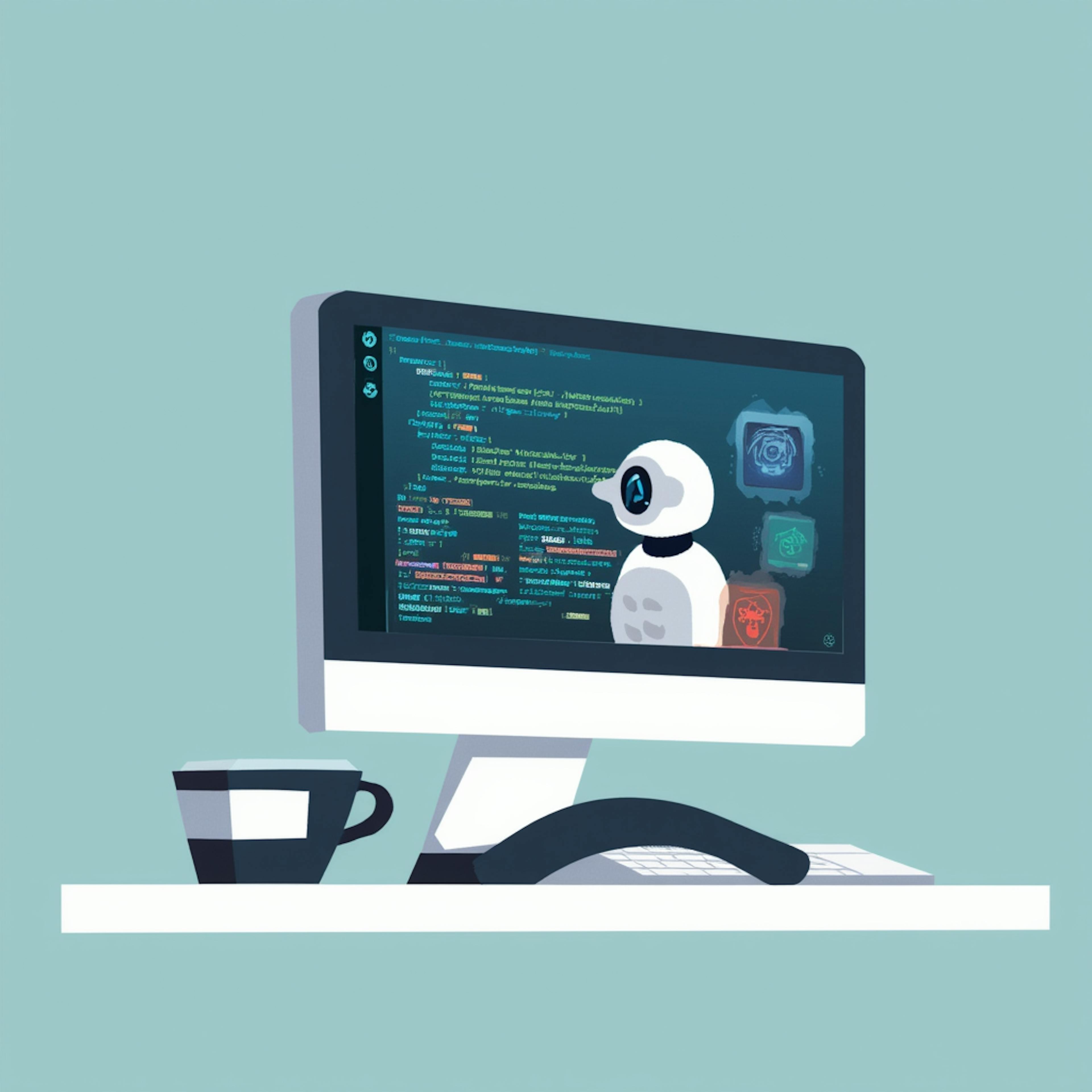 A stylized illustration of a desktop computer displaying code alongside an AI robot avatar on screen, symbolizing automated software analysis. The scene represents the benefits of AI in software testing, such as faster debugging, intelligent test generation, and error detection.
