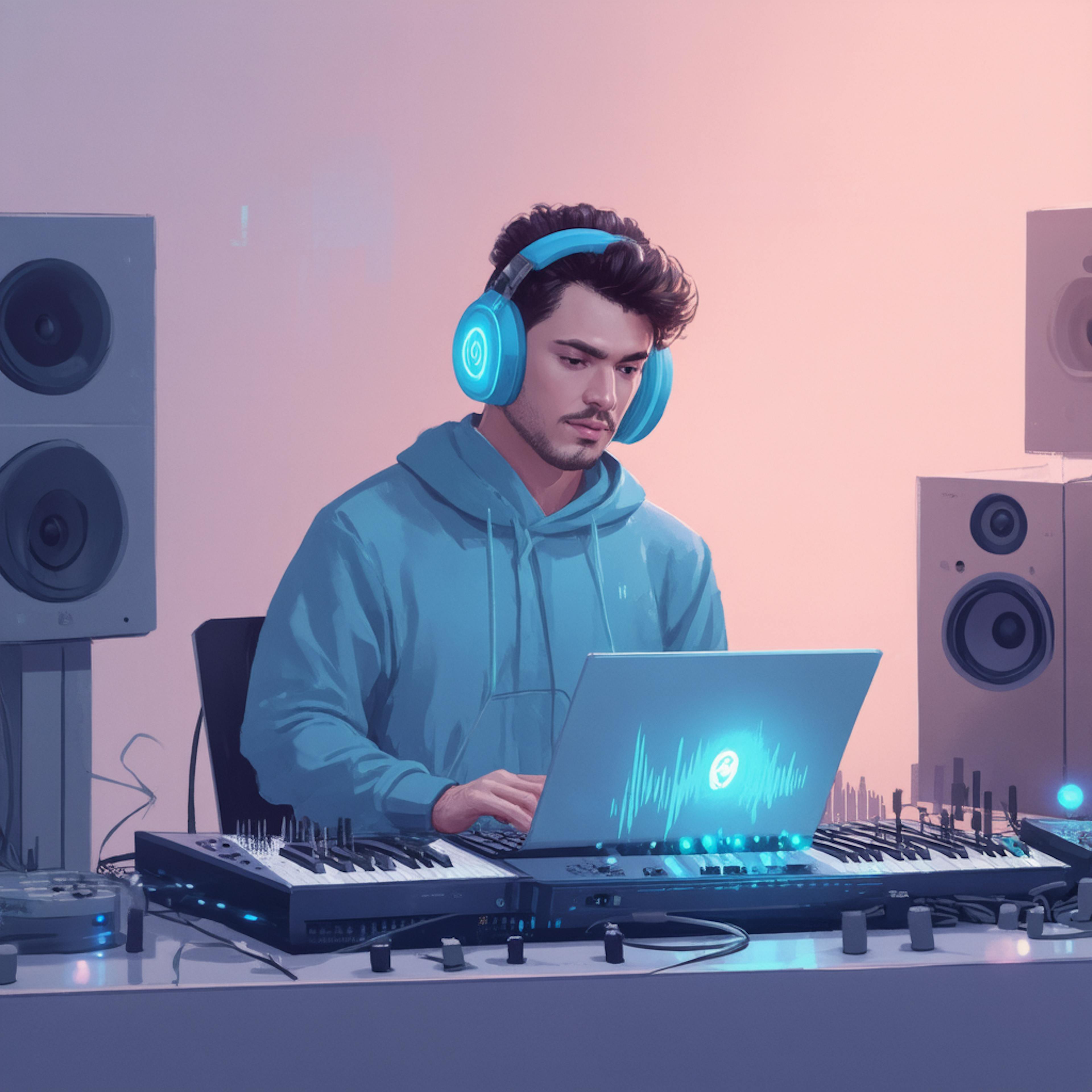 A music producer in a hoodie sits in a studio with synthesizers, speakers, and a laptop that emits glowing soundwave graphics. His headphones illuminate as he works, representing the benefits of AI in music—from smart mixing tools to adaptive beat creation and emotion-aware soundscapes.