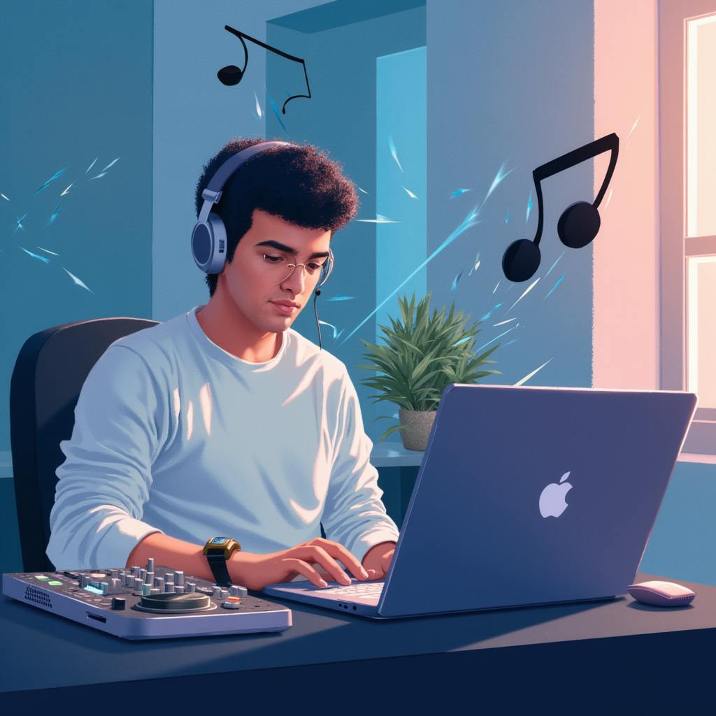 A focused young man wearing headphones produces music on a laptop with a MIDI controller beside him, surrounded by glowing musical symbols. The image illustrates the benefits of AI in music, including AI-assisted composition, genre blending, and personalized music generation.