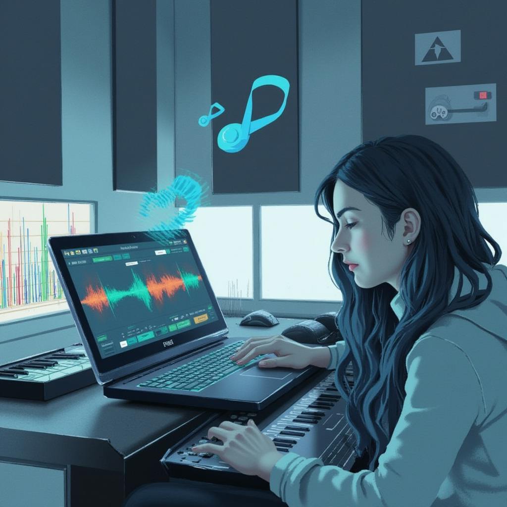 A young woman works intently on a music production laptop connected to a digital keyboard, analyzing colorful sound waveforms on screen. Musical notes float in the air, visually highlighting the benefits of AI in music, such as automated mastering, intelligent sound design, and real-time audio enhancement.