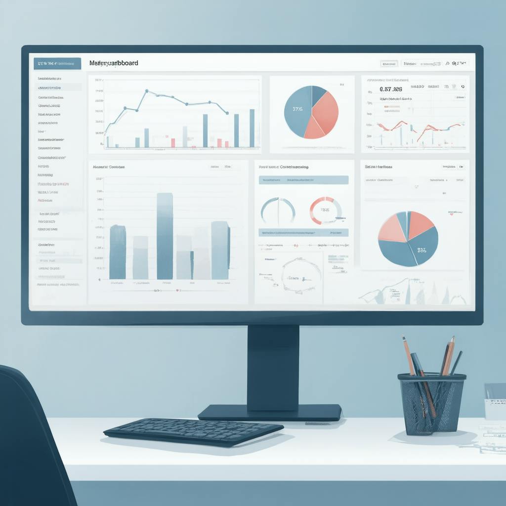 A clean, modern analytics dashboard is displayed on a widescreen monitor, featuring various data visualizations including pie charts and performance graphs. This image represents the B2B marketing metrics that matter, such as CLV, CAC, and attribution performance across channels.