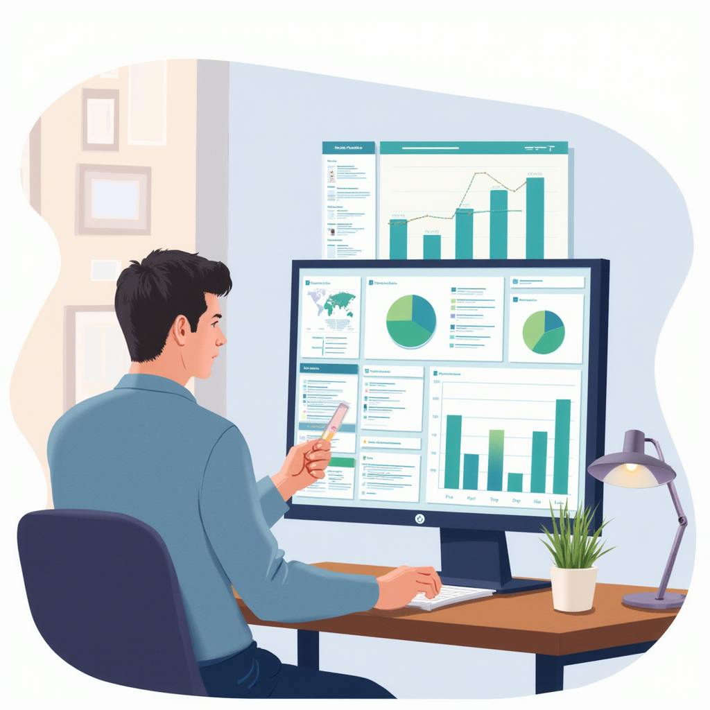 A man in a blue shirt examines a multi-screen dashboard filled with pie charts, bar graphs, and funnel reports, while holding a smartphone. The setup reflects the B2B marketing metrics that matter, like pipeline velocity, MQL to SQL conversion, and content engagement rates.