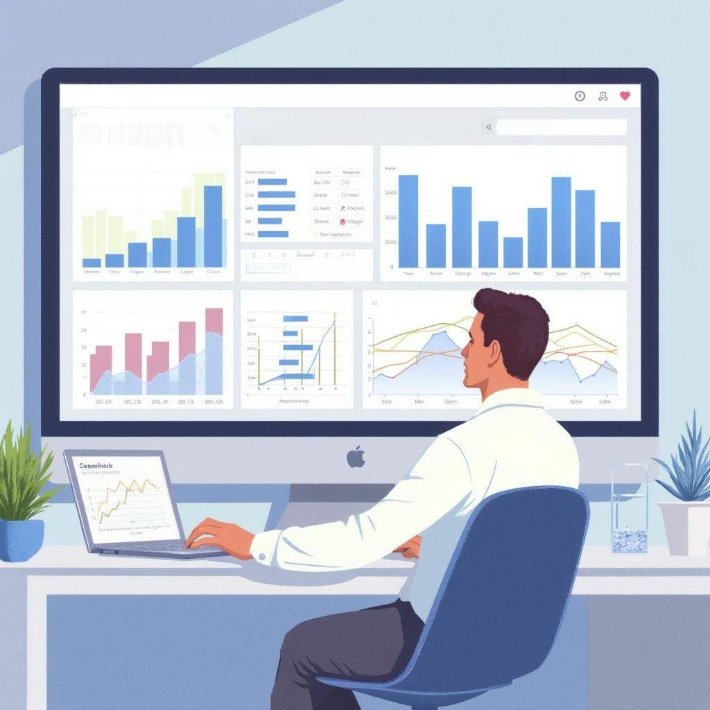 A professional in a white shirt analyzes multiple interactive graphs and charts on a large desktop screen, with supporting data on a laptop. This workspace highlights B2B marketing metrics that matter, such as lead conversion rates, campaign ROI, and customer acquisition trends.