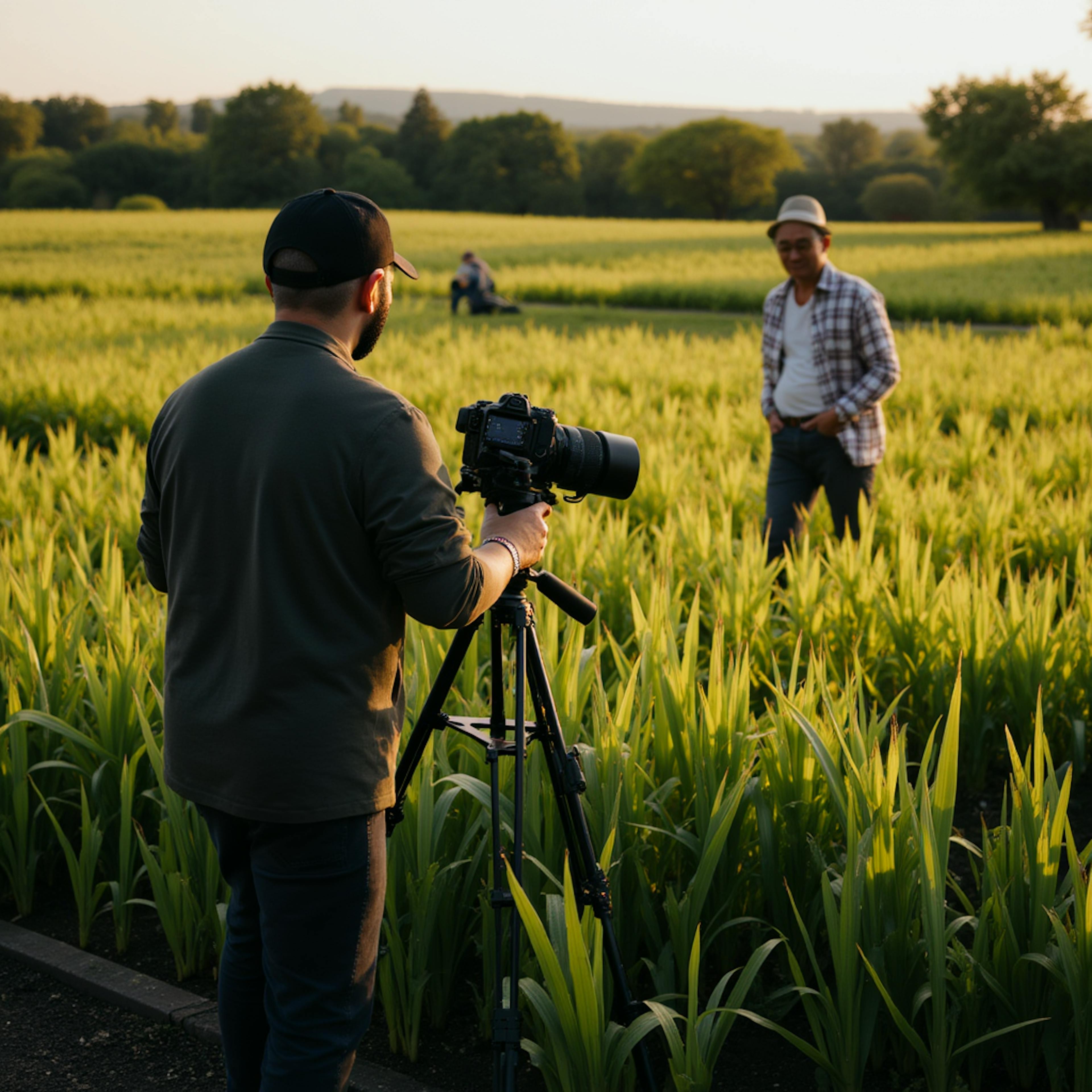 A professional cameraman filming a farmer in a lush green field with a tripod-mounted camera, emphasizing storytelling in agriculture video production.