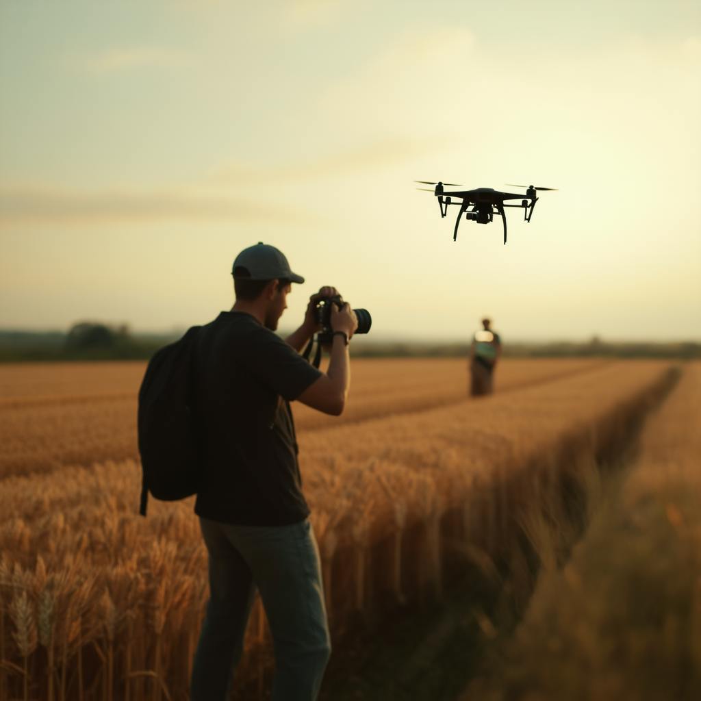 A photographer filming a drone in mid-air over a wheat field during golden hour, highlighting a cinematic approach to agriculture video production.