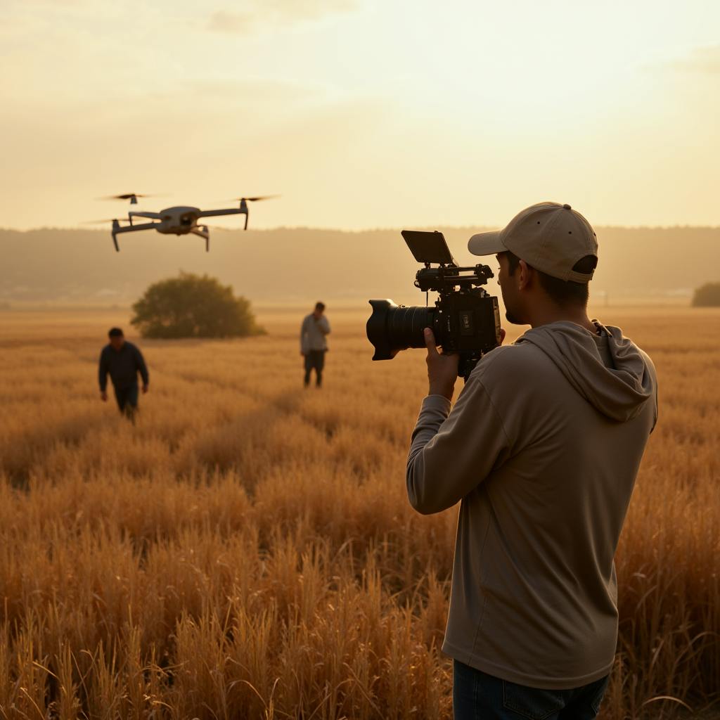 A videographer captures drone footage in a golden wheat field at sunset, supported by a team—illustrating the behind-the-scenes of agriculture video production.