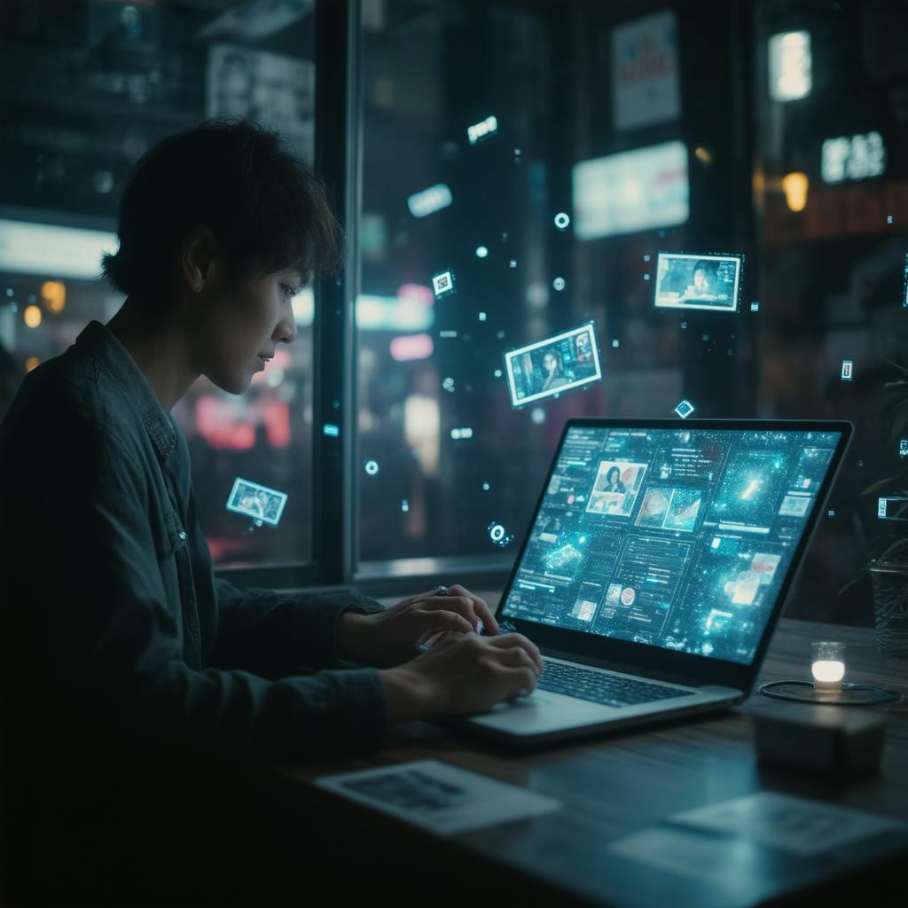 Person using a laptop at night surrounded by digital screens and data interfaces, illustrating the immersive experience of working with AI content creation tools.