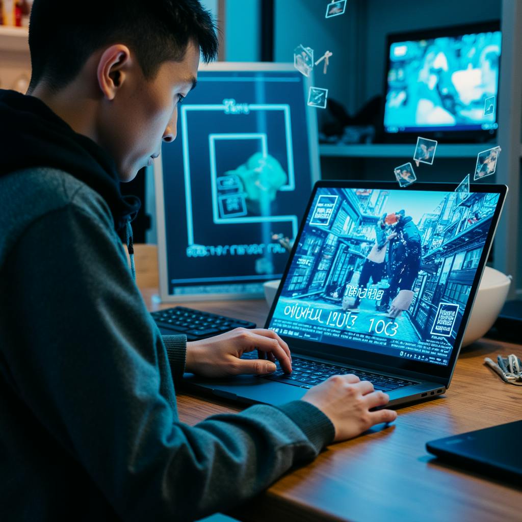Young digital creator designing visuals on a laptop, with animated icons floating around, showcasing the use of AI content creation tools in a multimedia workspace.
