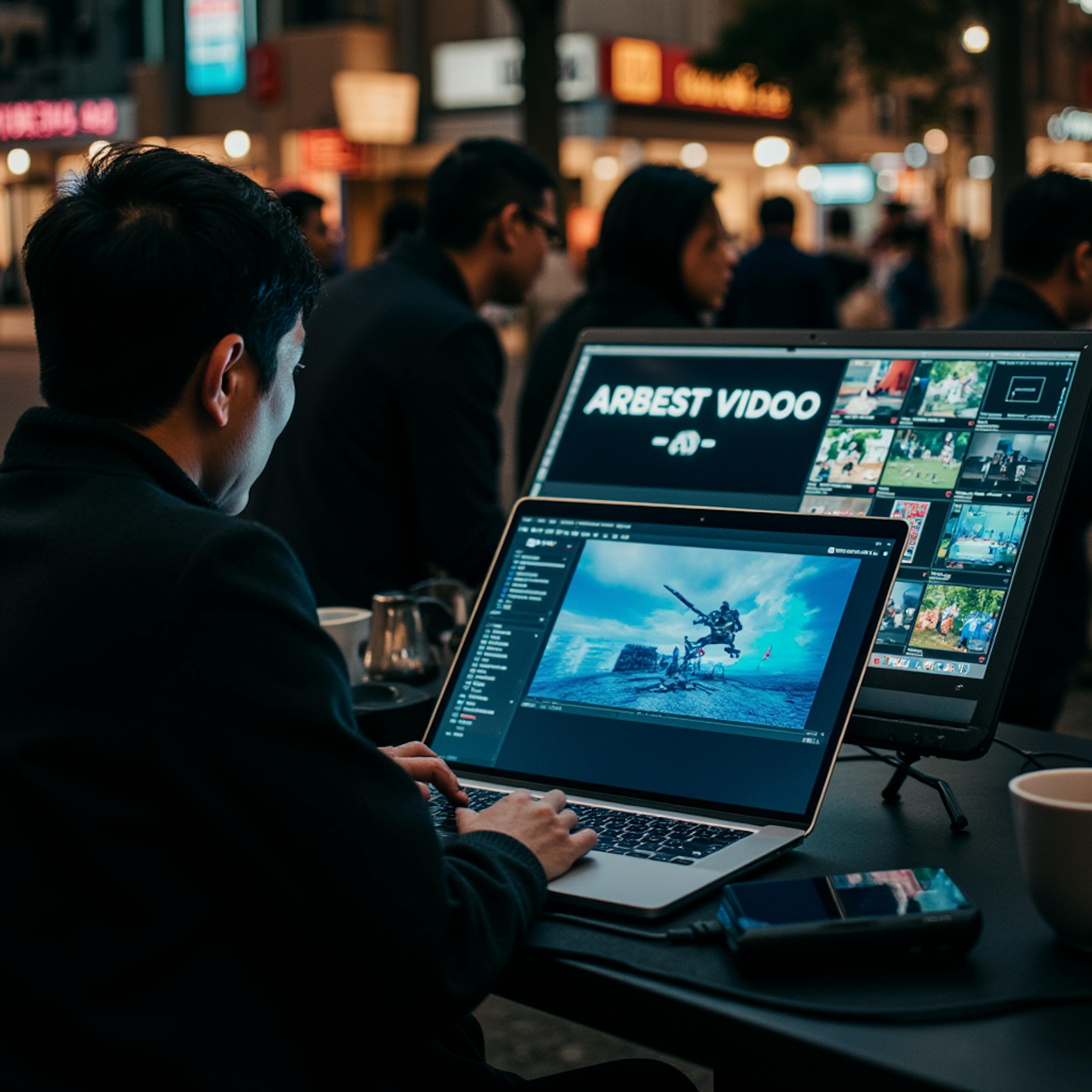 Professional editing video content on dual monitors in a bustling outdoor setting, emphasizing the collaborative and dynamic workflow enabled by AI content creation tools.
