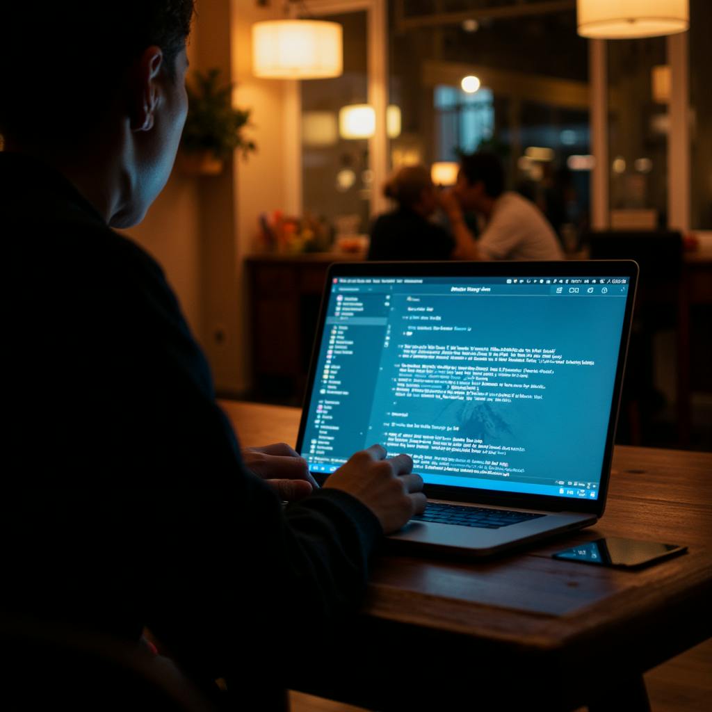 Person working on a laptop in a cozy café at night, screen filled with data analytics and AI-generated content—showcasing AI for blog writing in action.