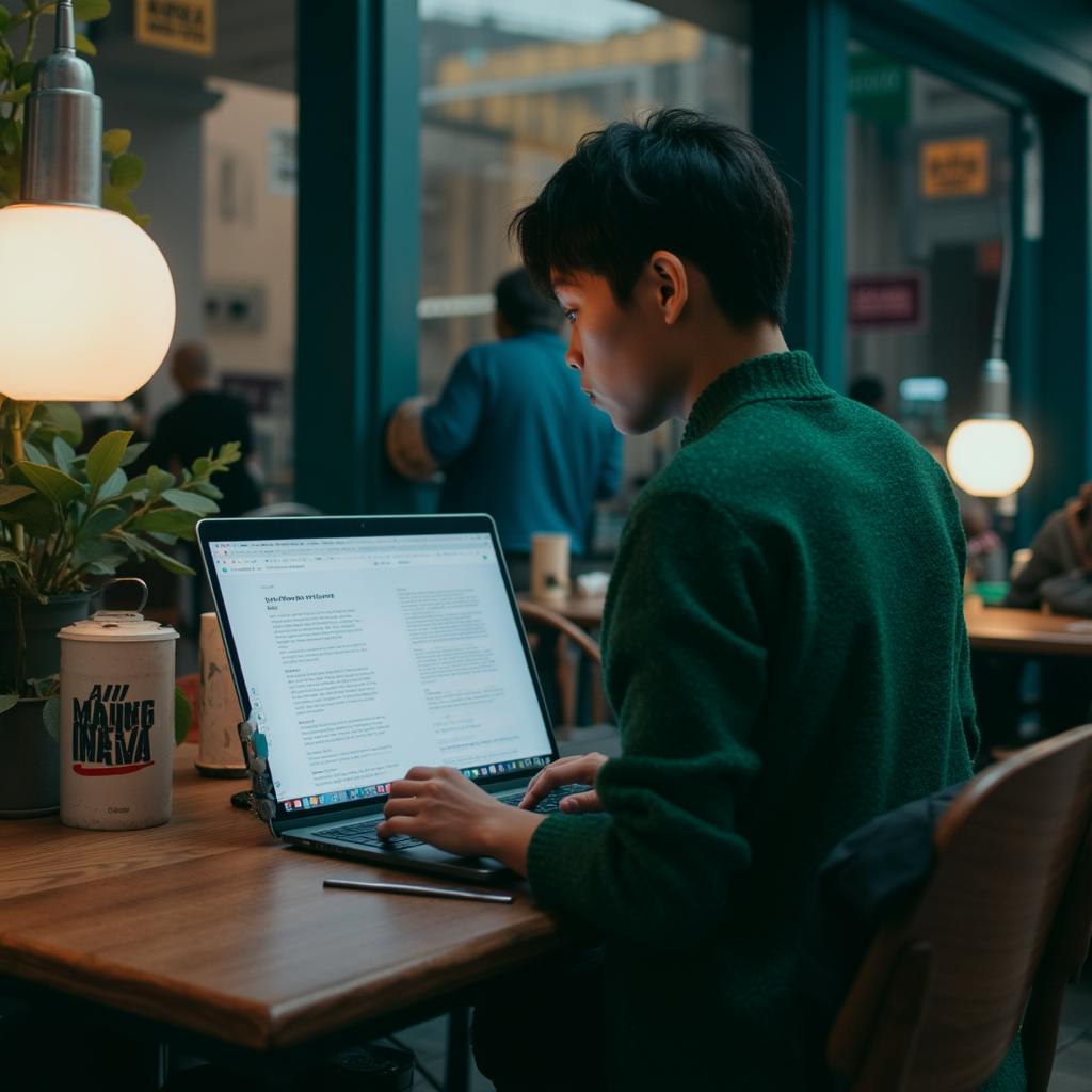 Focused writer using a laptop in a well-lit café, drafting content with assistance from AI software—illustrating efficient blog creation using AI for blog writing.