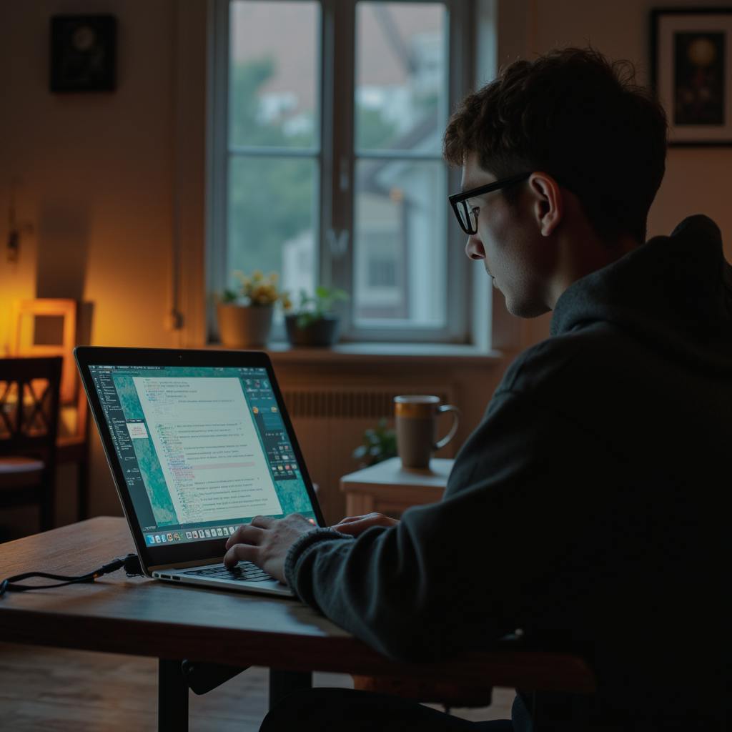 Young blogger at home typing on a laptop, utilizing AI for blog writing tools to optimize content in a relaxed, evening workspace.