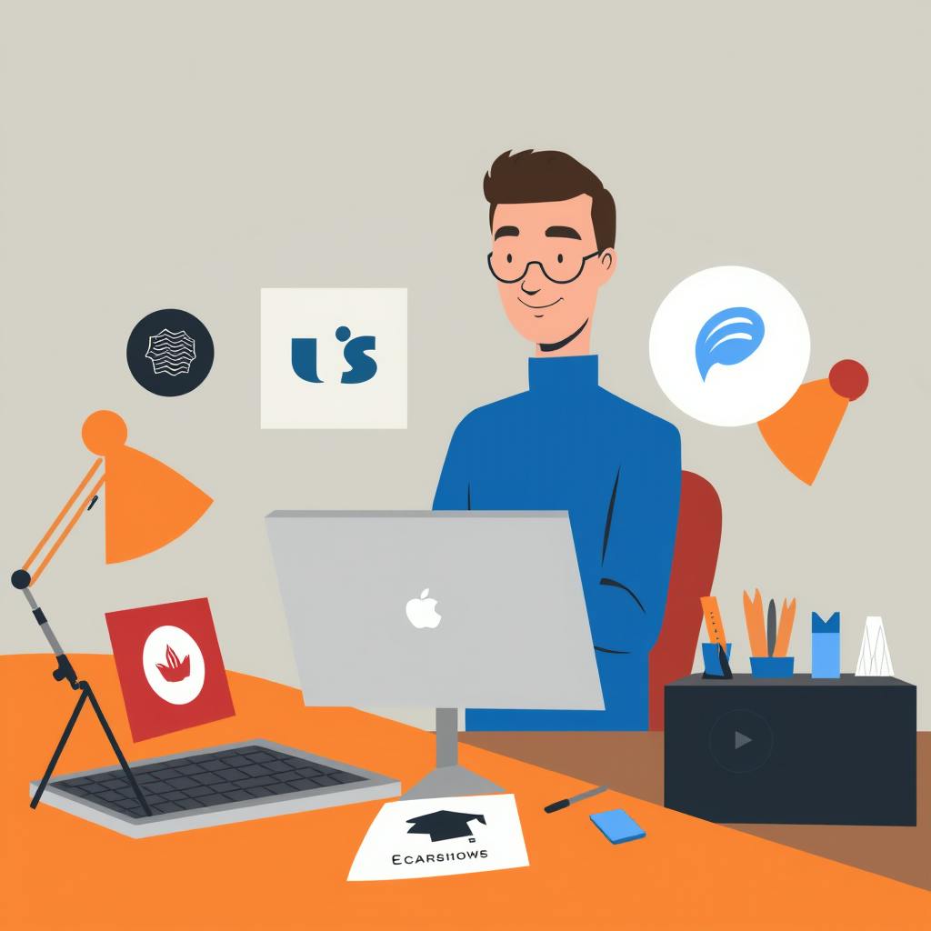 Illustration of a creative professional working at a modern desk with a laptop and branding icons around, representing affordable branding services for startups.